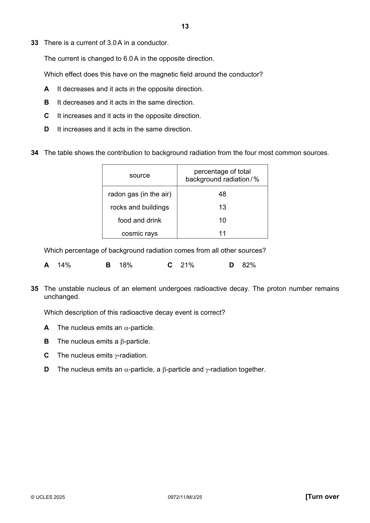 Cambridge IGCSE Physics (9-1) 0972 2025 May/June Paper 1 · Variant 1 question paper, page 13 of 16
