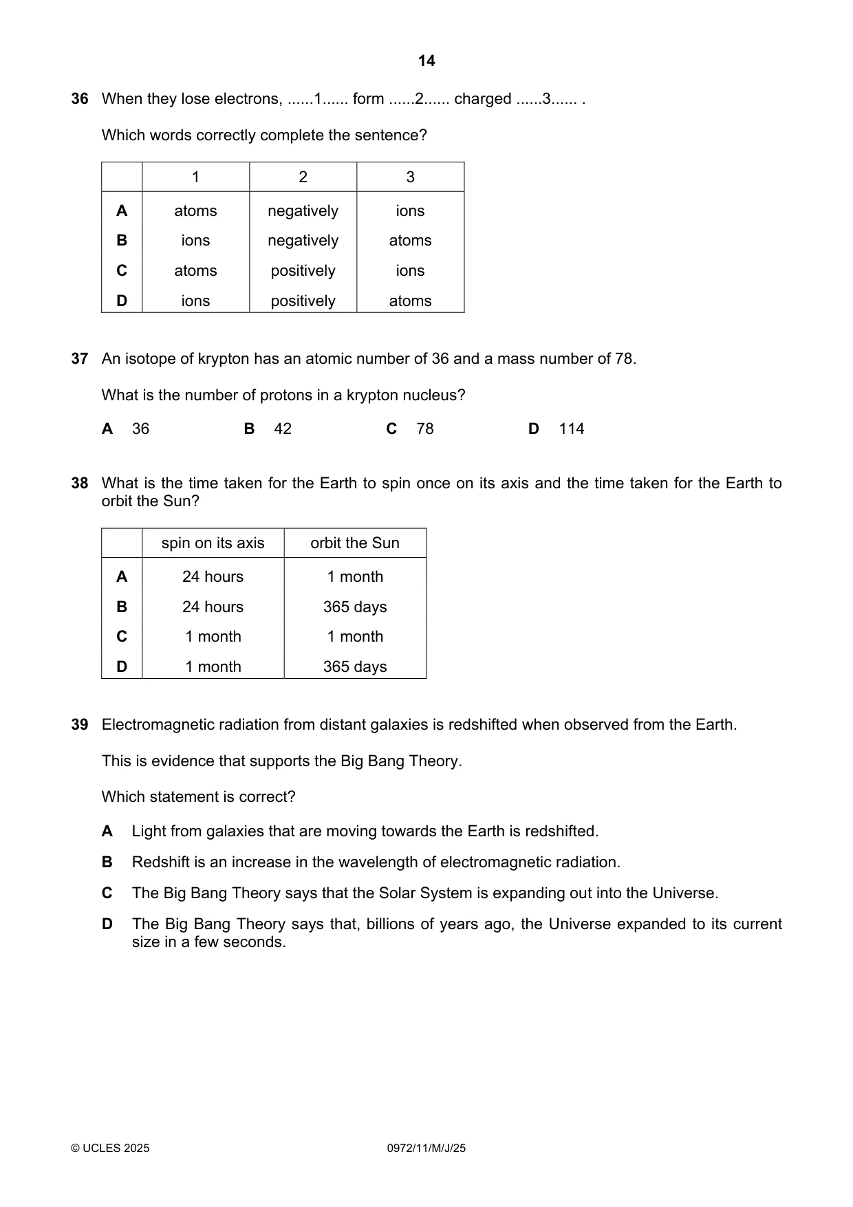 Cambridge IGCSE Physics (9-1) 0972 2025 May/June Paper 1 · Variant 1 question paper, page 14 of 16