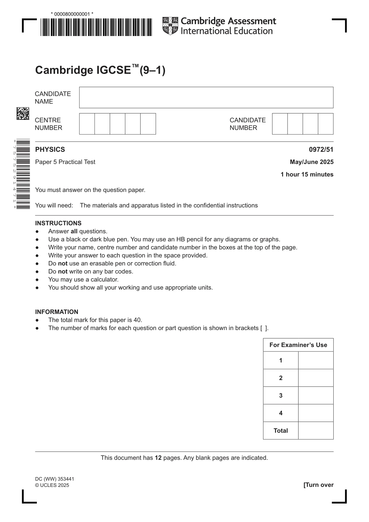 Cambridge IGCSE Physics (9-1) 0972 2025 May/June Paper 5 · Variant 1 question paper, page 1 of 12