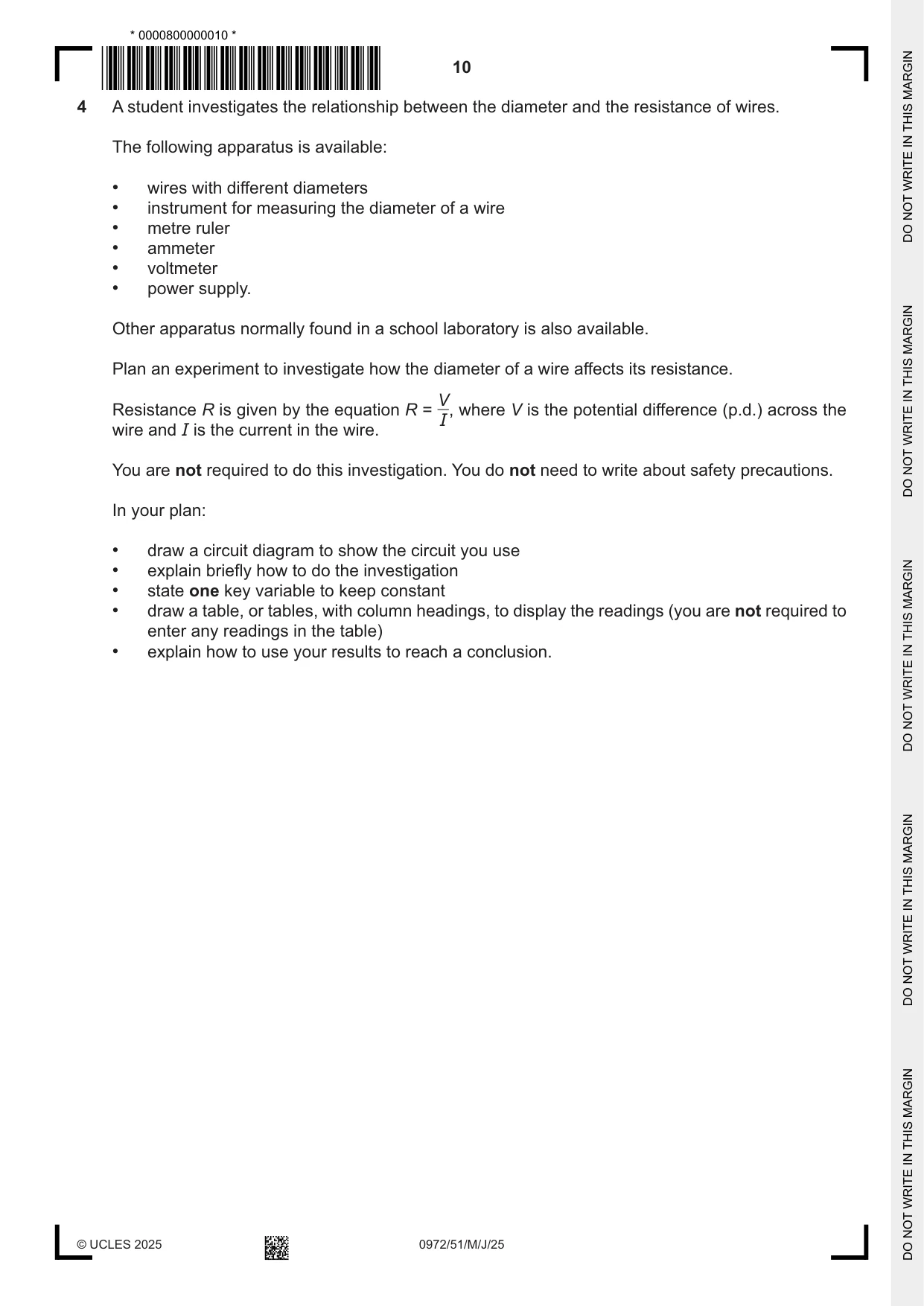 Cambridge IGCSE Physics (9-1) 0972 2025 May/June Paper 5 · Variant 1 question paper, page 10 of 12