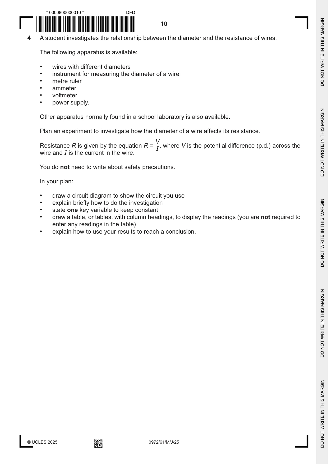 Cambridge IGCSE Physics (9-1) 0972 2025 May/June Paper 6 · Variant 1 question paper, page 10 of 12