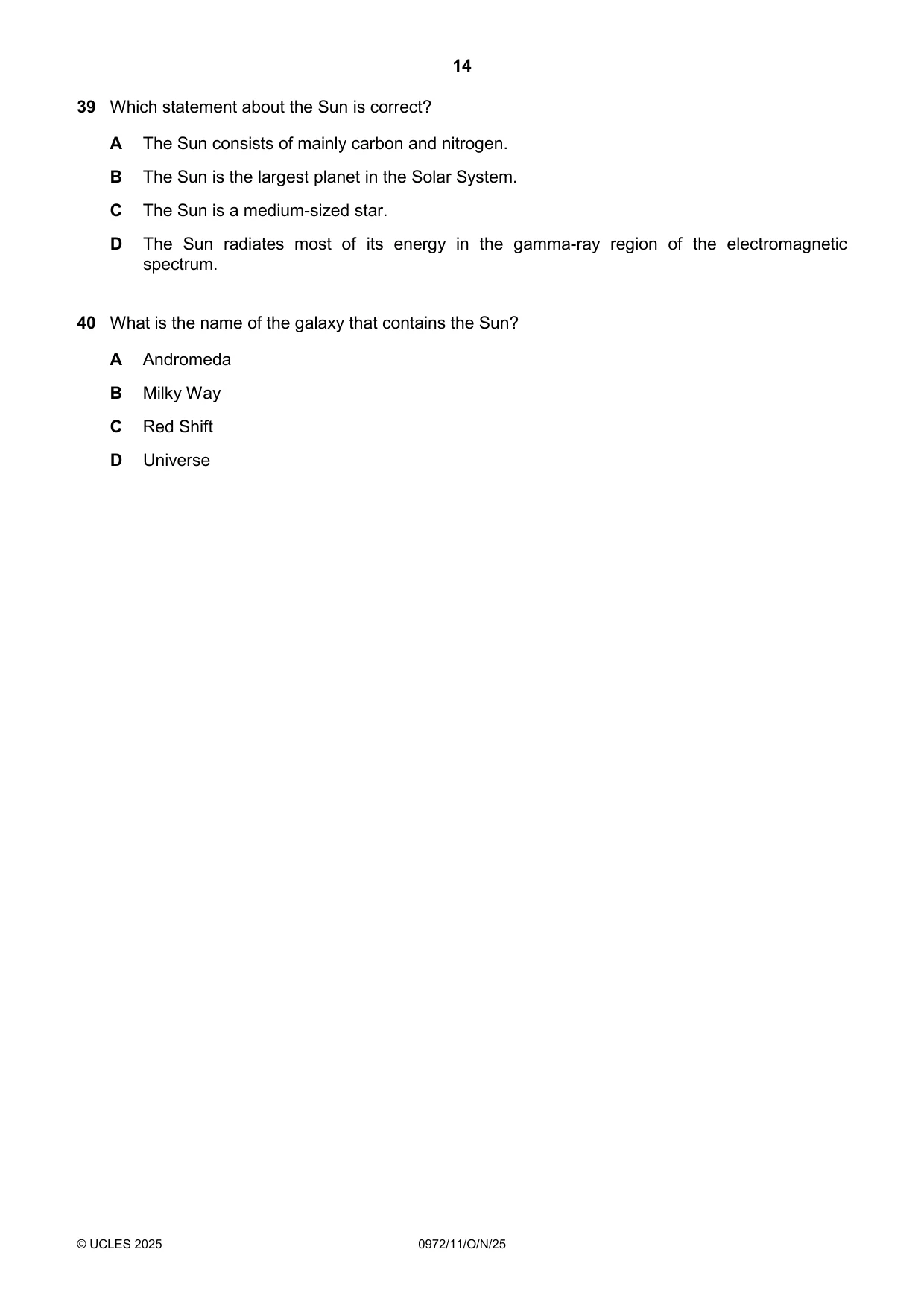 Cambridge IGCSE Physics (9-1) 0972 2025 Oct/Nov Paper 1 · Variant 1 question paper, page 14 of 16