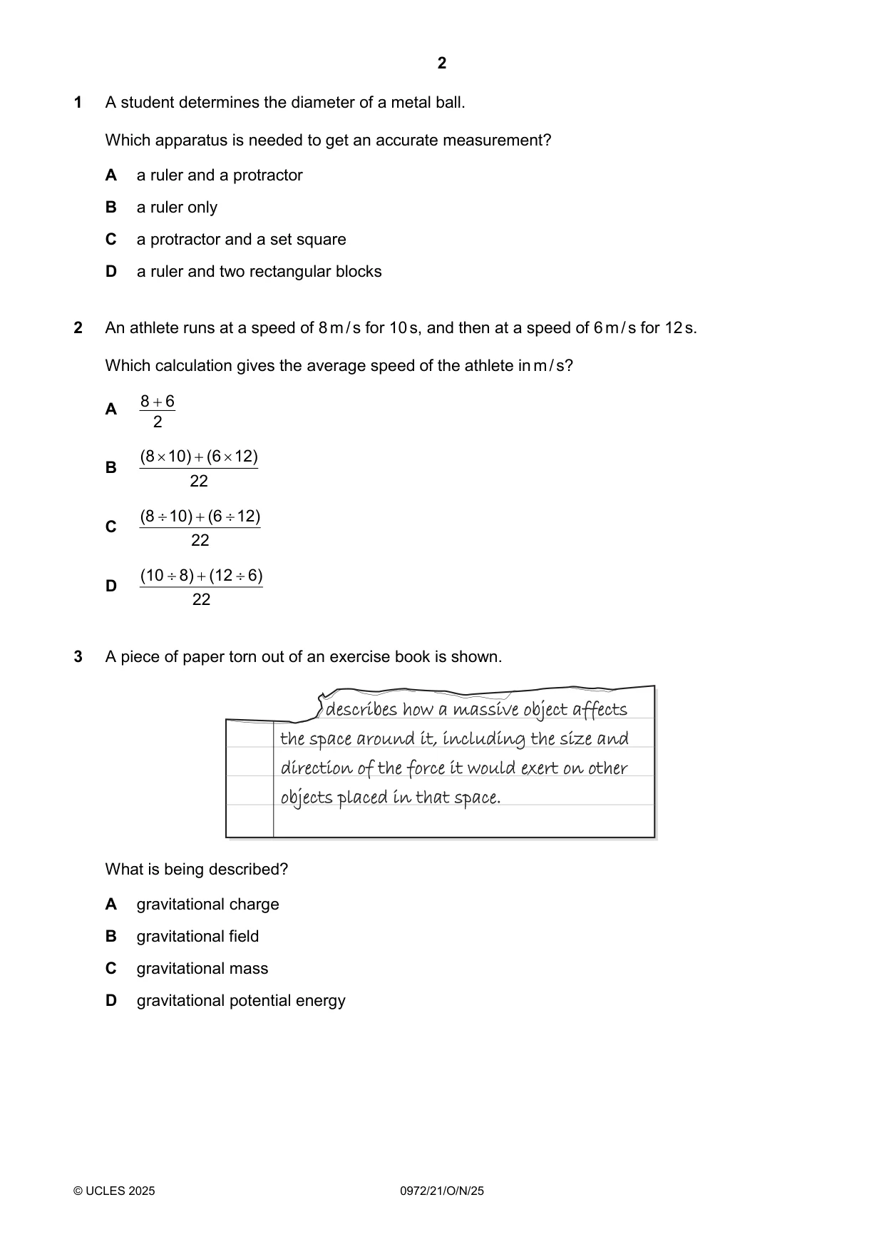 Cambridge IGCSE Physics (9-1) 0972 2025 Oct/Nov Paper 2 · Variant 1 question paper, page 2 of 16