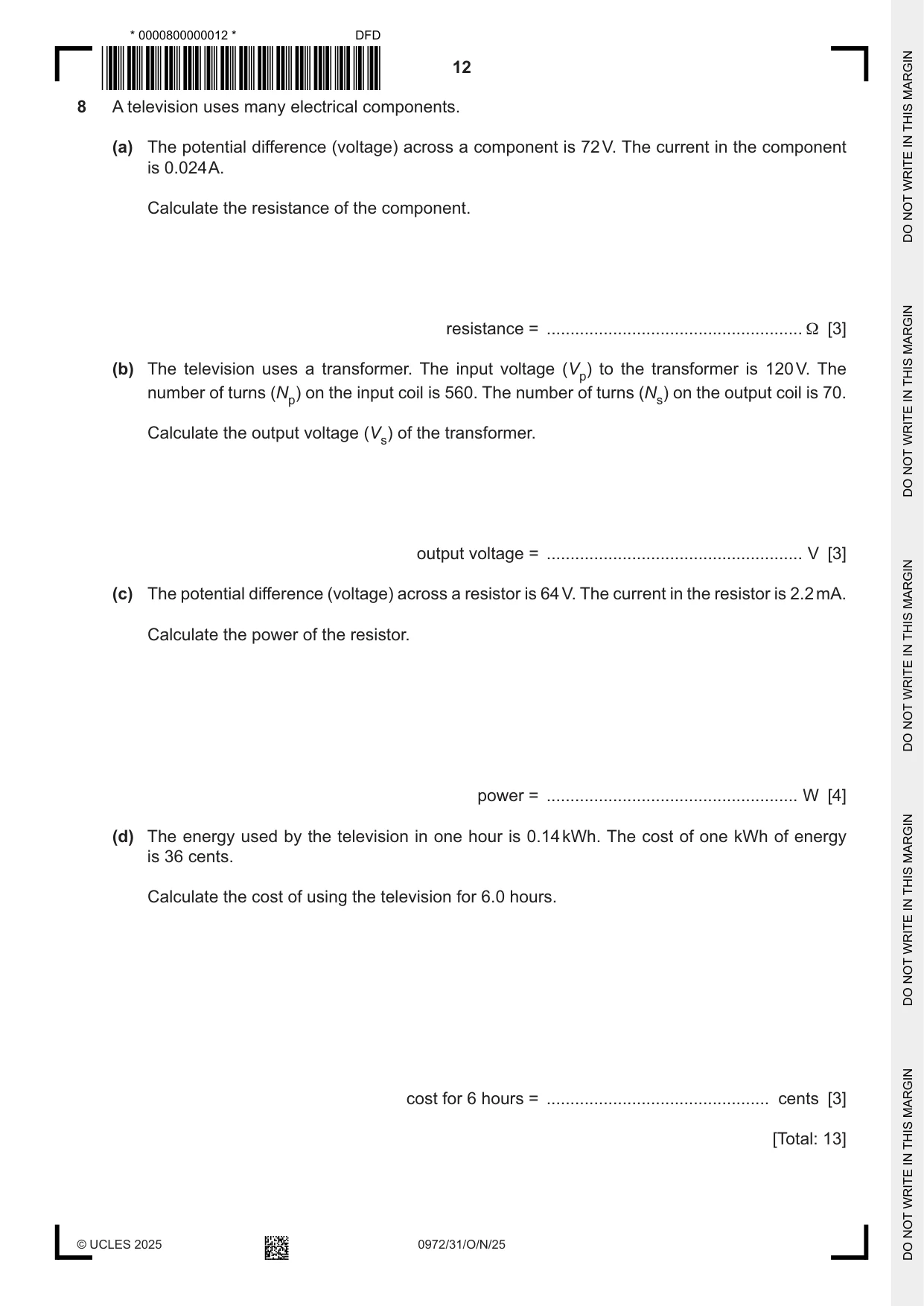 Cambridge IGCSE Physics (9-1) 0972 2025 Oct/Nov Paper 3 · Variant 1 question paper, page 12 of 16