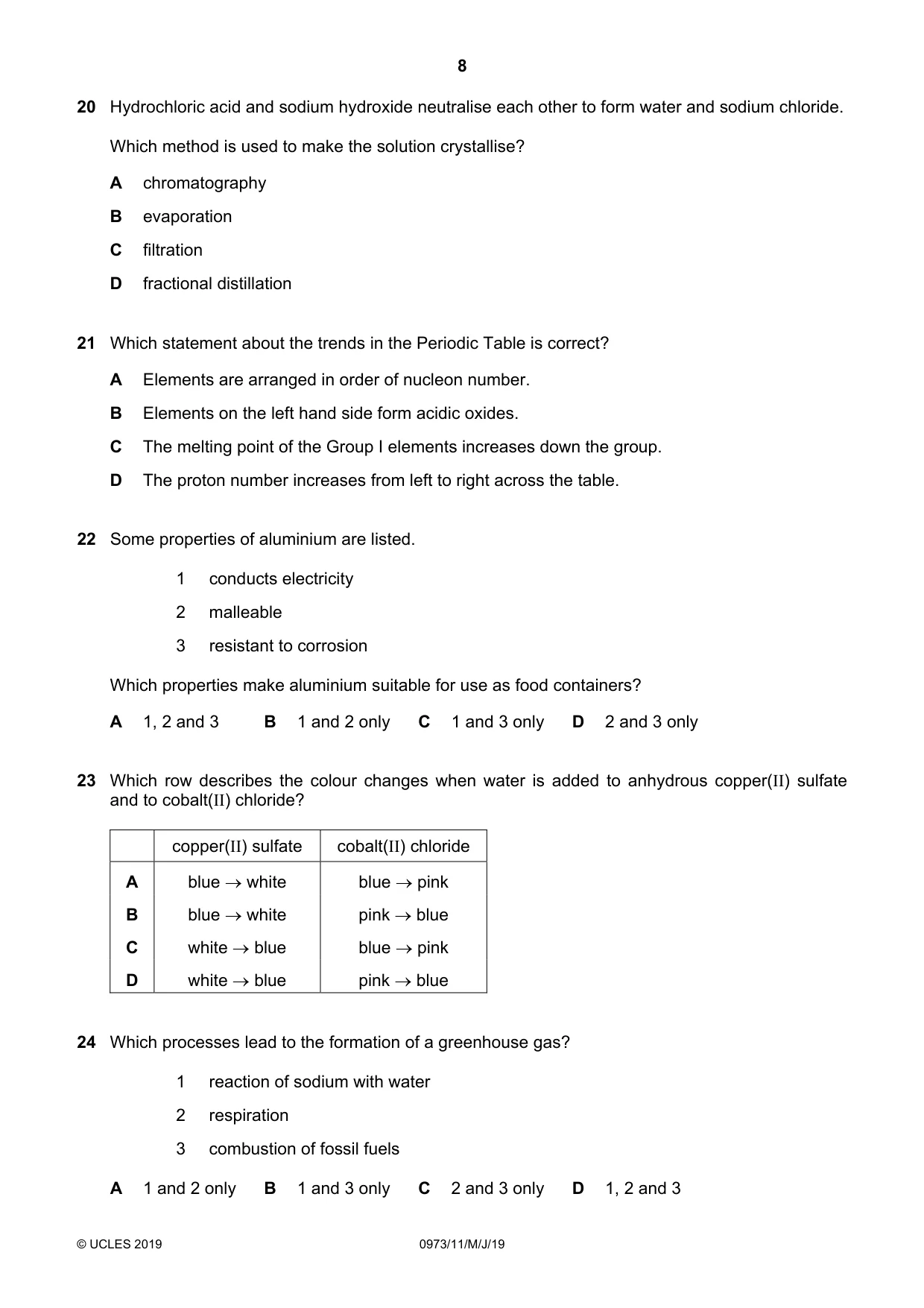 Cambridge IGCSE Sciences - Co-ordinated (9-1) 0973 2019 May/June Paper 1 · Variant 1 question paper, page 8 of 20