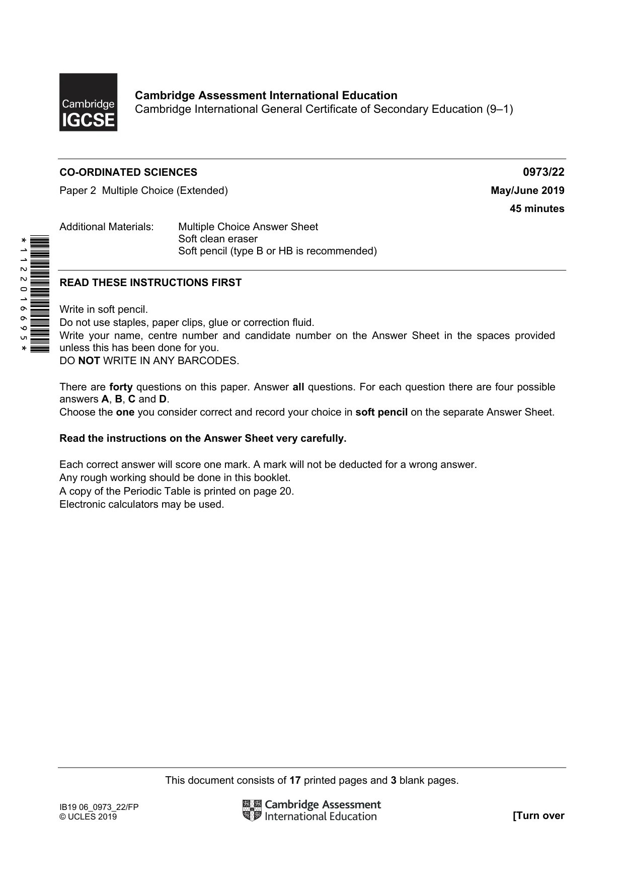 Cambridge IGCSE Sciences - Co-ordinated (9-1) 0973 2019 May/June Paper 2 · Variant 2 question paper, page 1 of 20