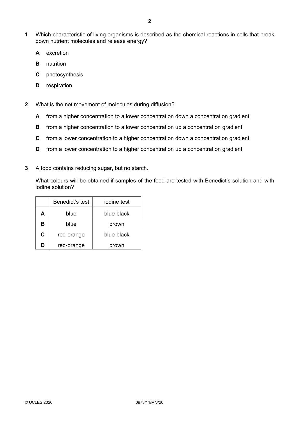 Cambridge IGCSE Sciences - Co-ordinated (9-1) 0973 2020 May/June Paper 1 · Variant 1 question paper, page 2 of 16
