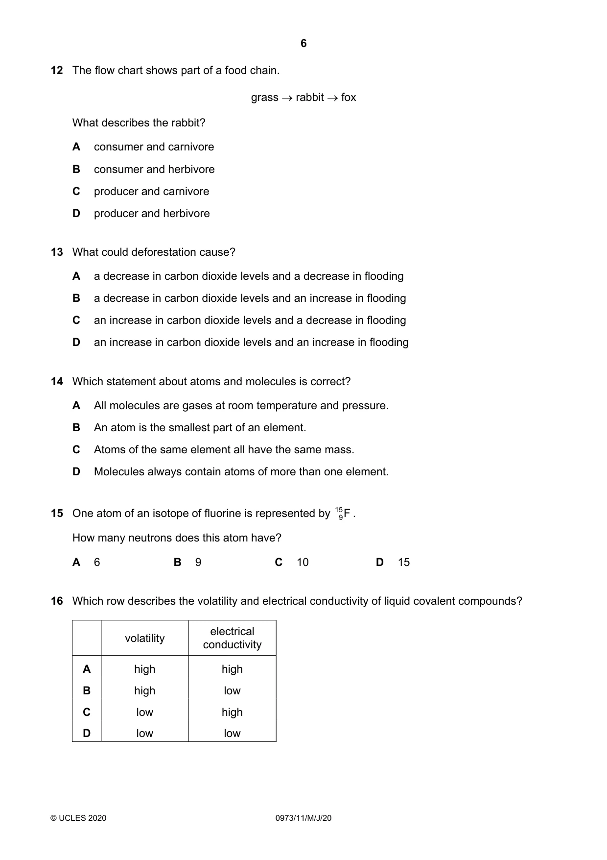 Cambridge IGCSE Sciences - Co-ordinated (9-1) 0973 2020 May/June Paper 1 · Variant 1 question paper, page 6 of 16
