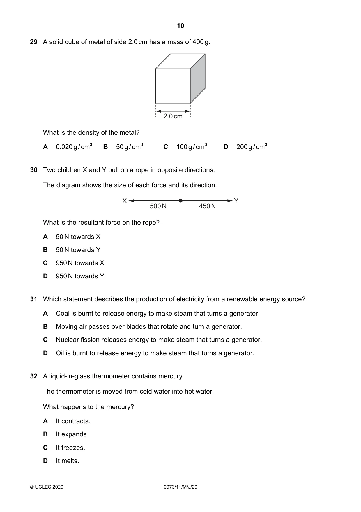 Cambridge IGCSE Sciences - Co-ordinated (9-1) 0973 2020 May/June Paper 1 · Variant 1 question paper, page 10 of 16