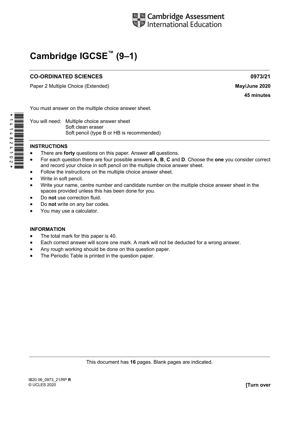 Cambridge IGCSE Sciences - Co-ordinated (9-1) 0973 2020 May/June Paper 2 · Variant 1 question paper, page 1 of 16