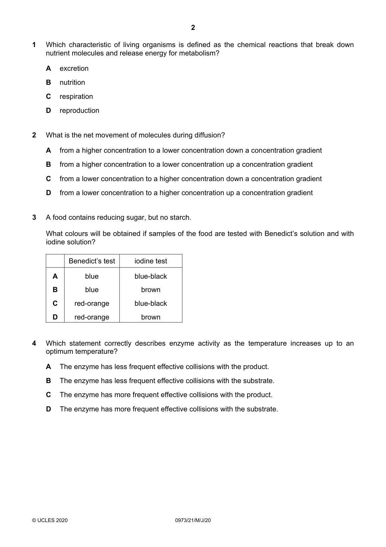 Cambridge IGCSE Sciences - Co-ordinated (9-1) 0973 2020 May/June Paper 2 · Variant 1 question paper, page 2 of 16