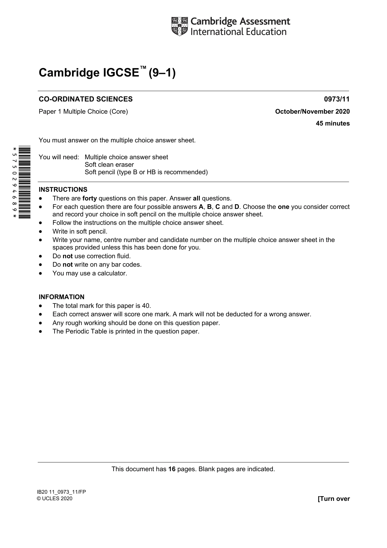Cambridge IGCSE Sciences - Co-ordinated (9-1) 0973 2020 Oct/Nov Paper 1 · Variant 1 question paper, page 1 of 16