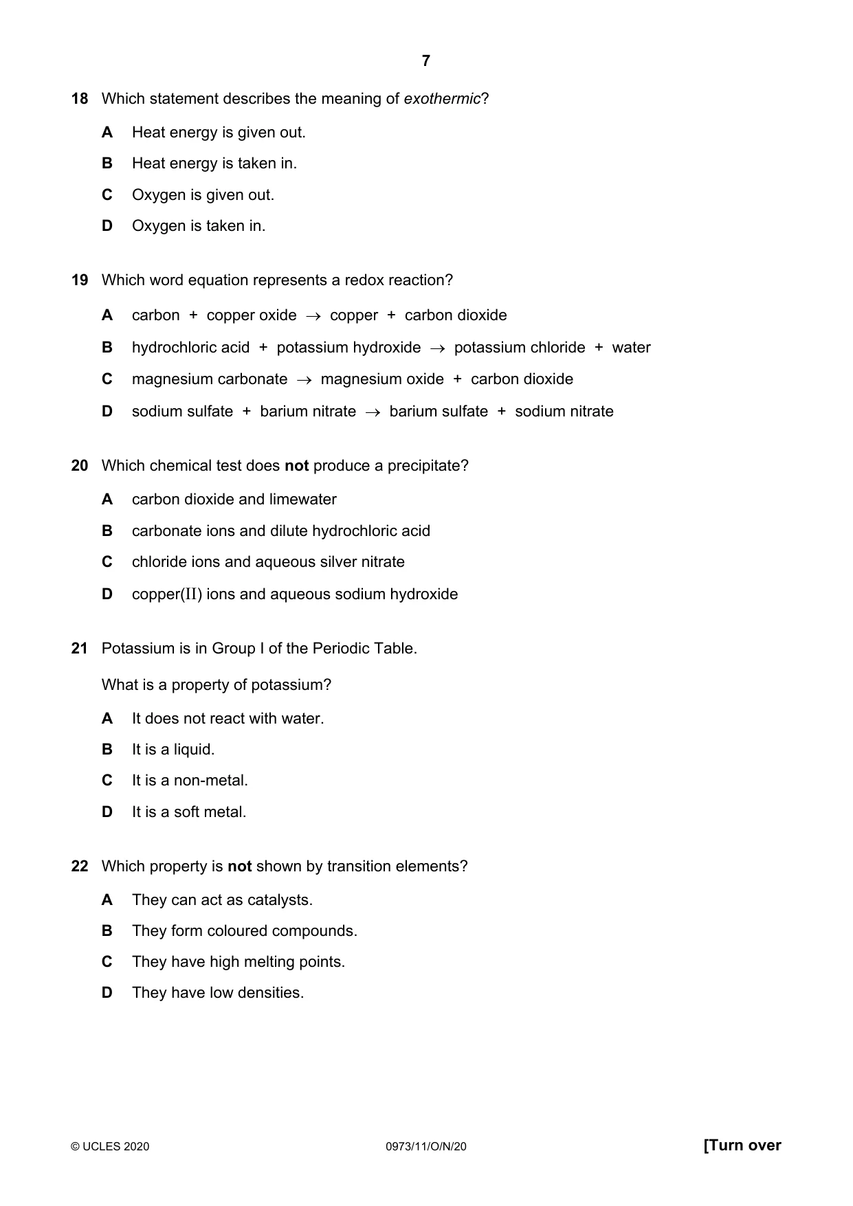 Cambridge IGCSE Sciences - Co-ordinated (9-1) 0973 2020 Oct/Nov Paper 1 · Variant 1 question paper, page 7 of 16