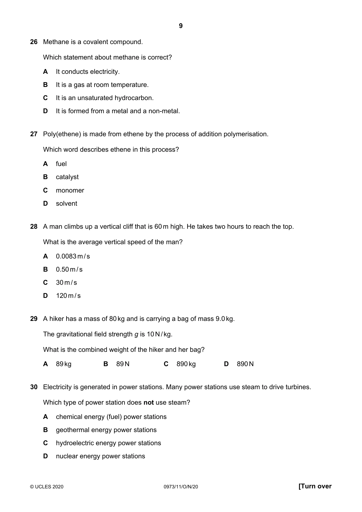 Cambridge IGCSE Sciences - Co-ordinated (9-1) 0973 2020 Oct/Nov Paper 1 · Variant 1 question paper, page 9 of 16
