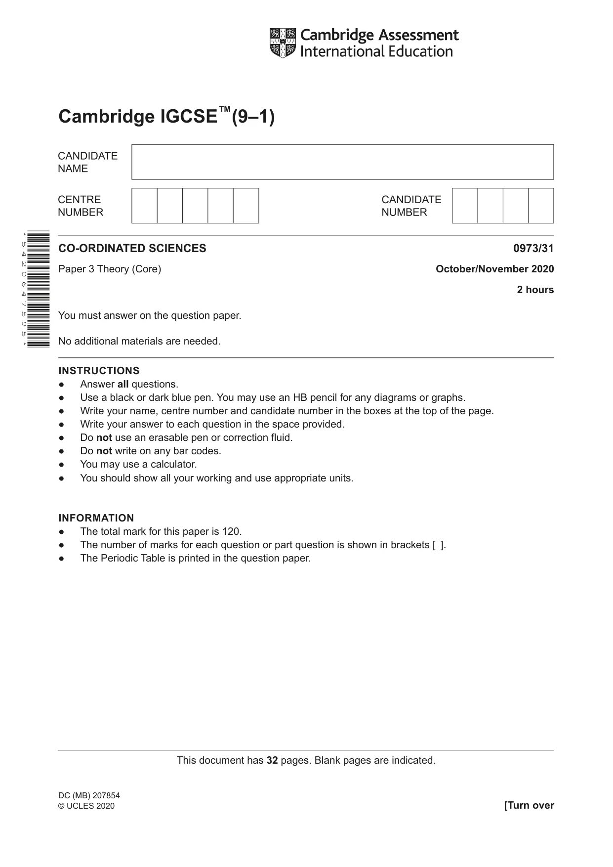 Cambridge IGCSE Sciences - Co-ordinated (9-1) 0973 2020 Oct/Nov Paper 3 · Variant 1 question paper, page 1 of 32