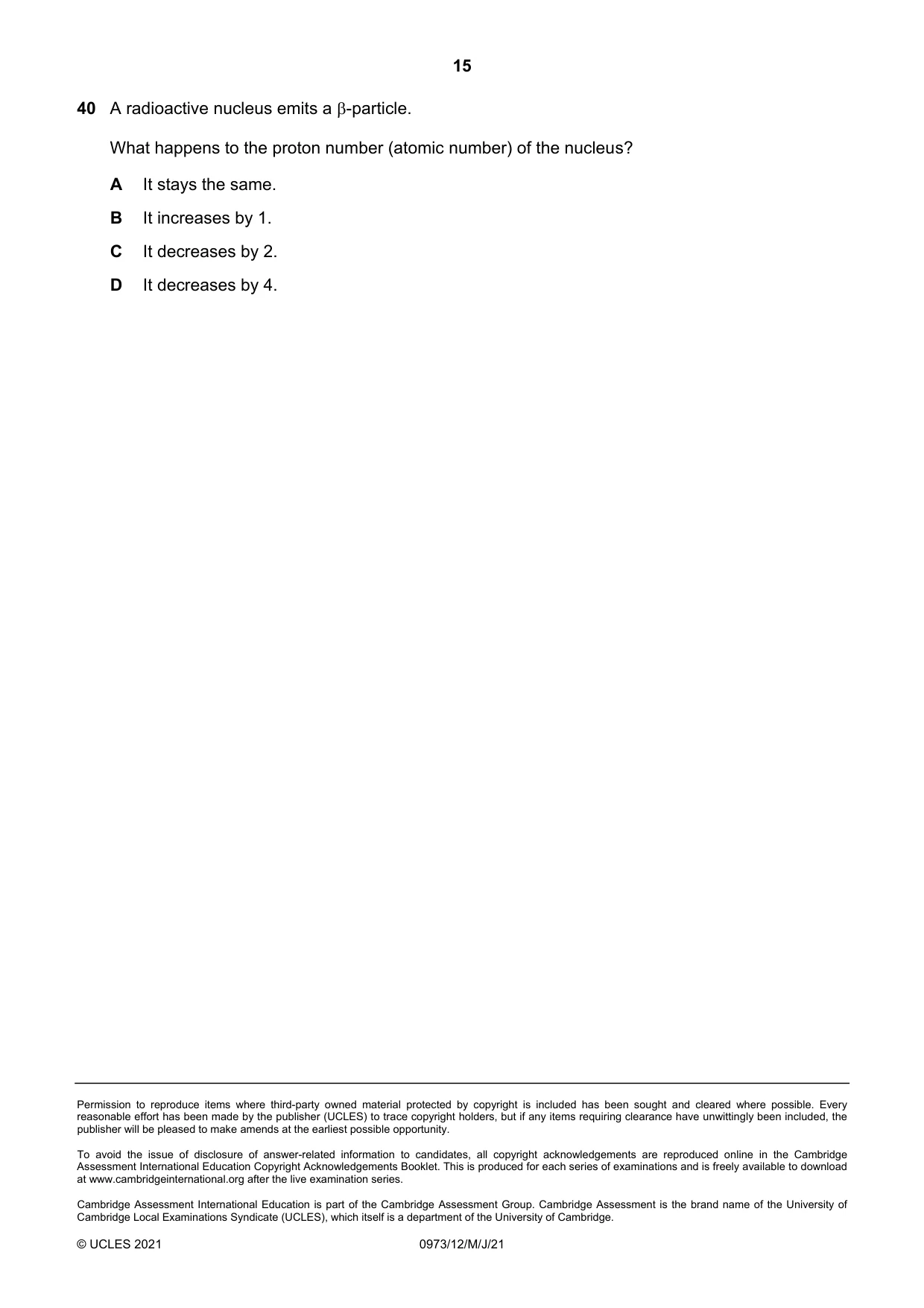 Cambridge IGCSE Sciences - Co-ordinated (9-1) 0973 2021 May/June Paper 1 · Variant 2 question paper, page 15 of 16