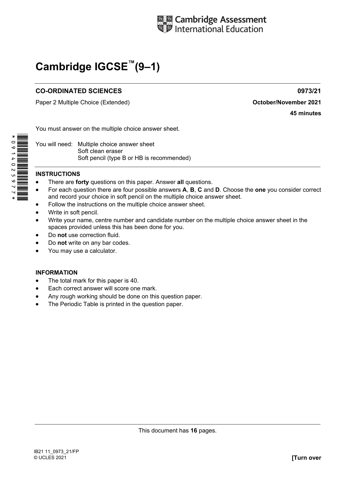 Cambridge IGCSE Sciences - Co-ordinated (9-1) 0973 2021 Oct/Nov Paper 2 · Variant 1 question paper, page 1 of 16