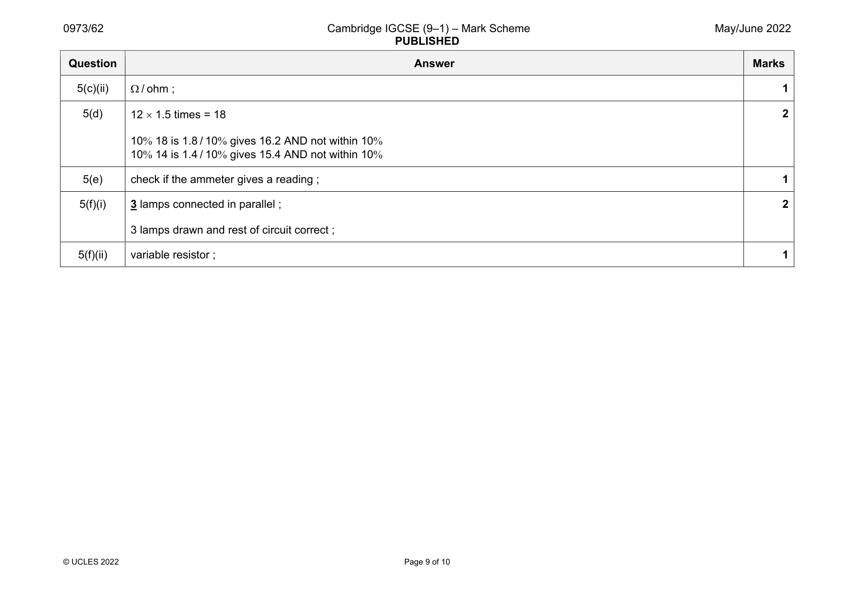 Mark scheme, page 9 of 10