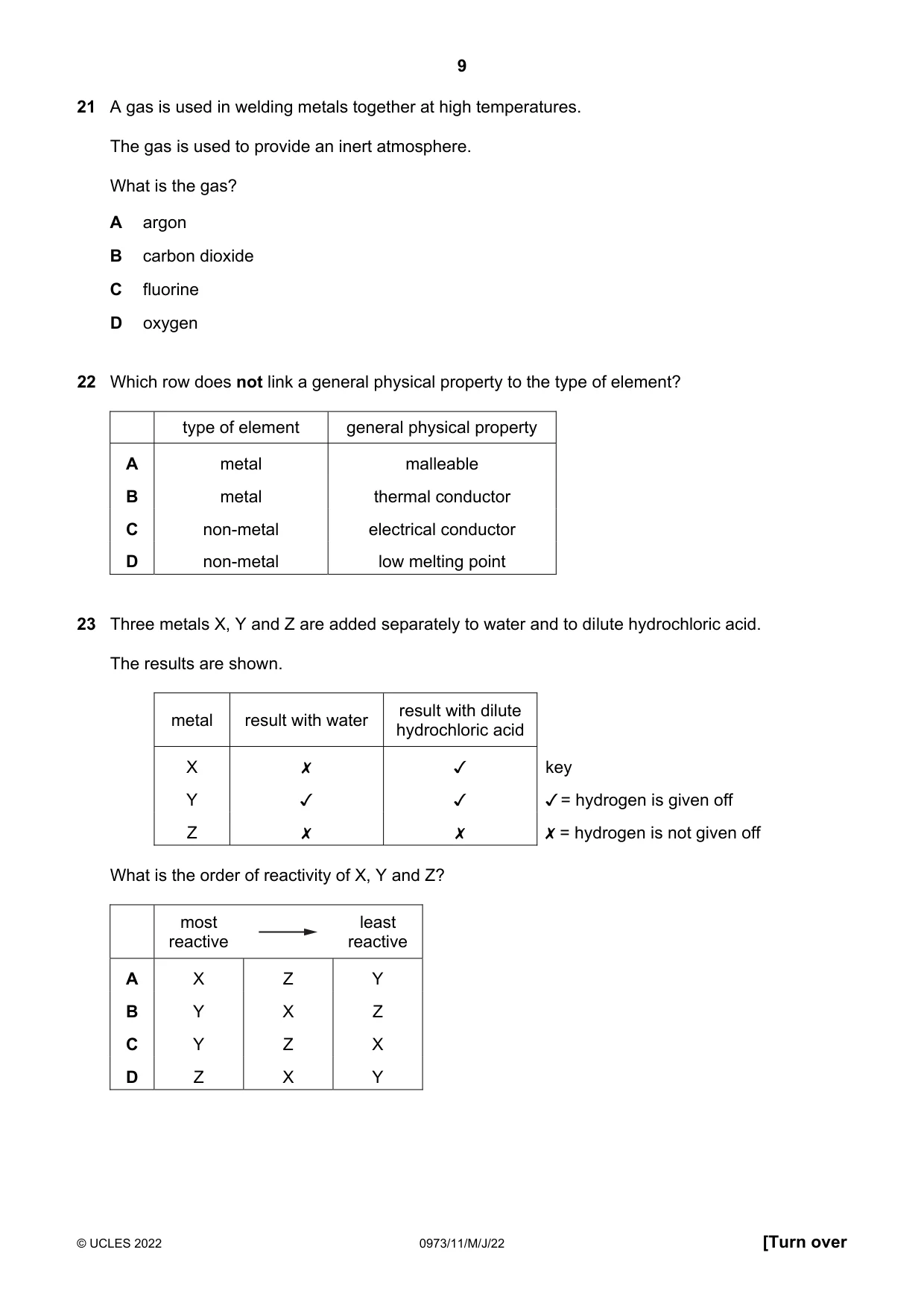 Cambridge IGCSE Sciences - Co-ordinated (9-1) 0973 2022 May/June Paper 1 · Variant 1 question paper, page 9 of 16