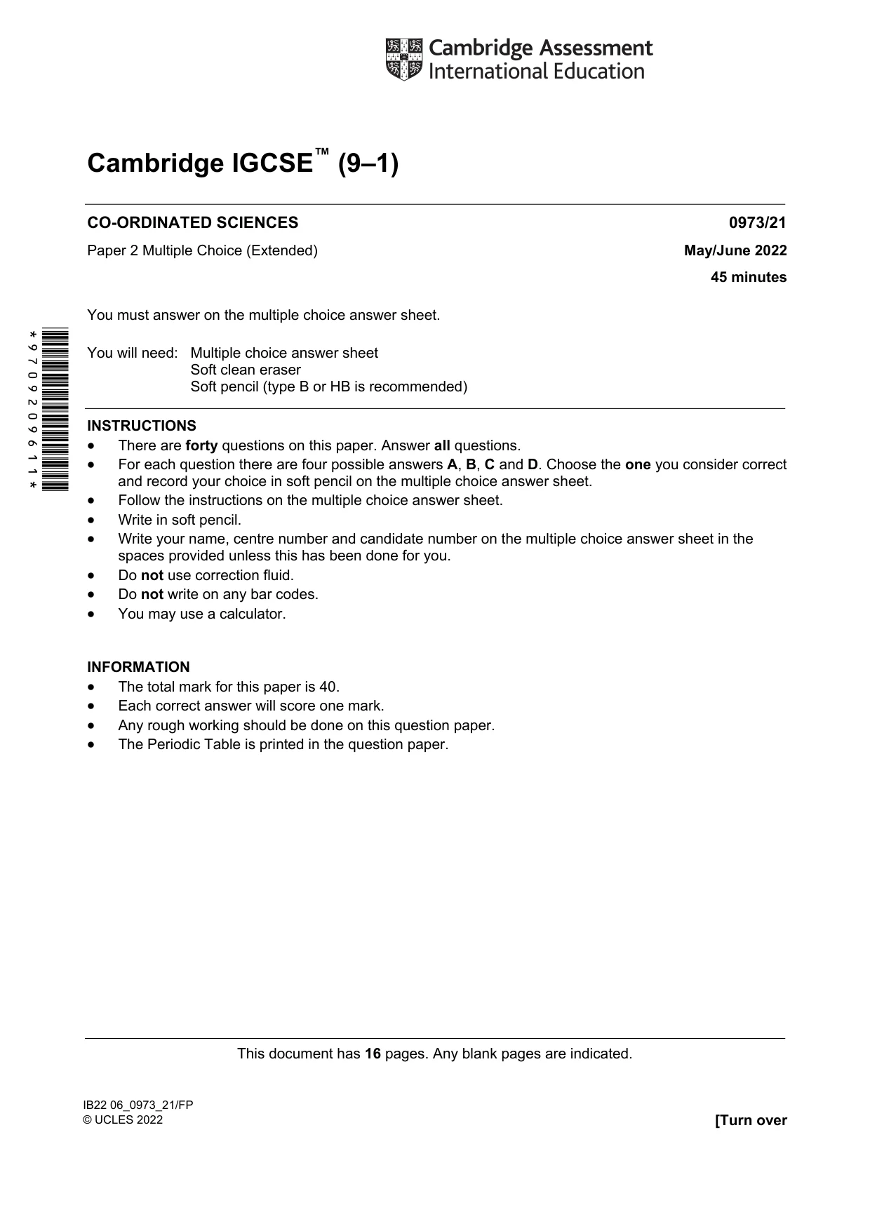 Cambridge IGCSE Sciences - Co-ordinated (9-1) 0973 2022 May/June Paper 2 · Variant 1 question paper, page 1 of 16
