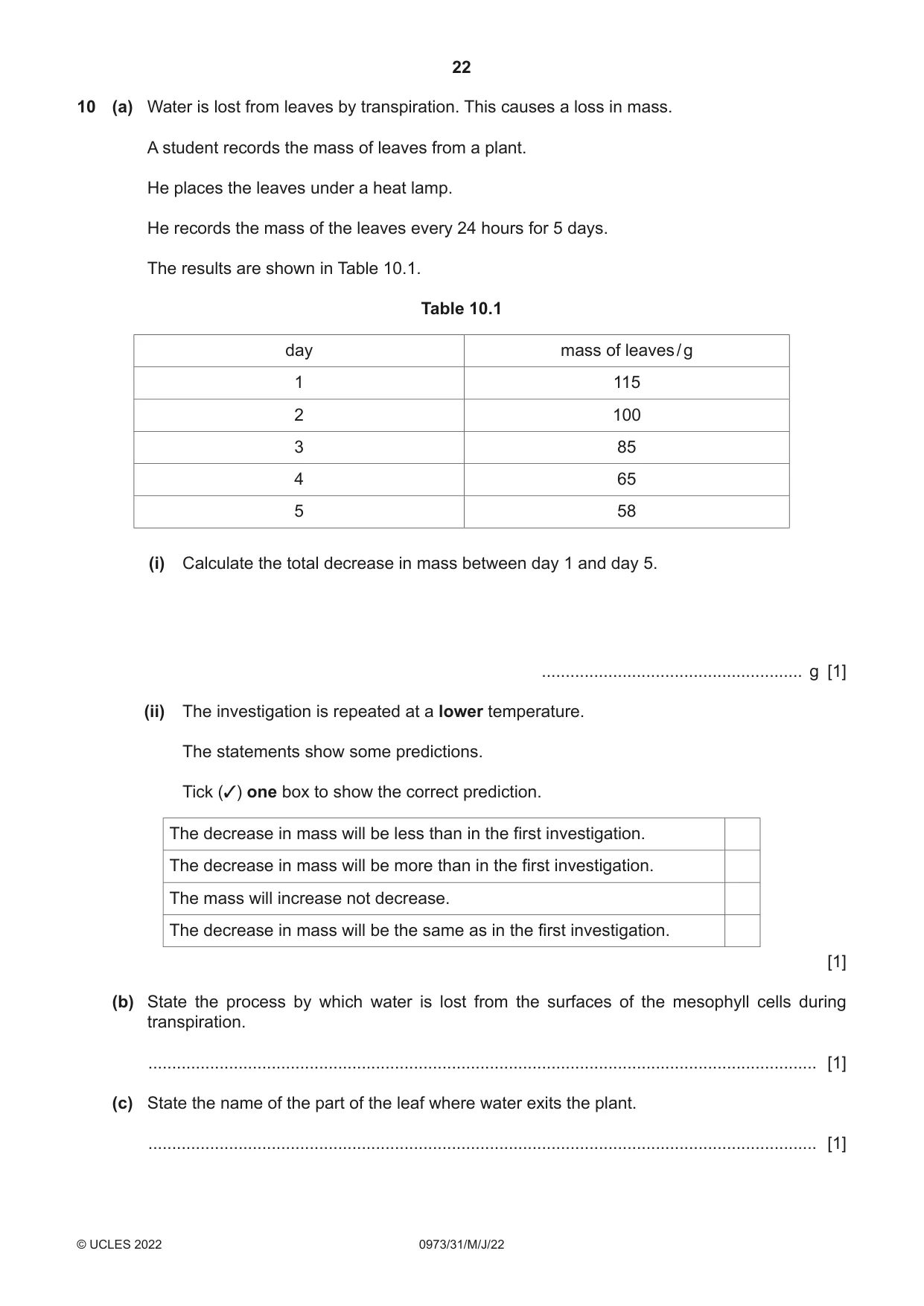 Cambridge IGCSE Sciences - Co-ordinated (9-1) 0973 2022 May/June Paper 3 · Variant 1 question paper, page 22 of 28