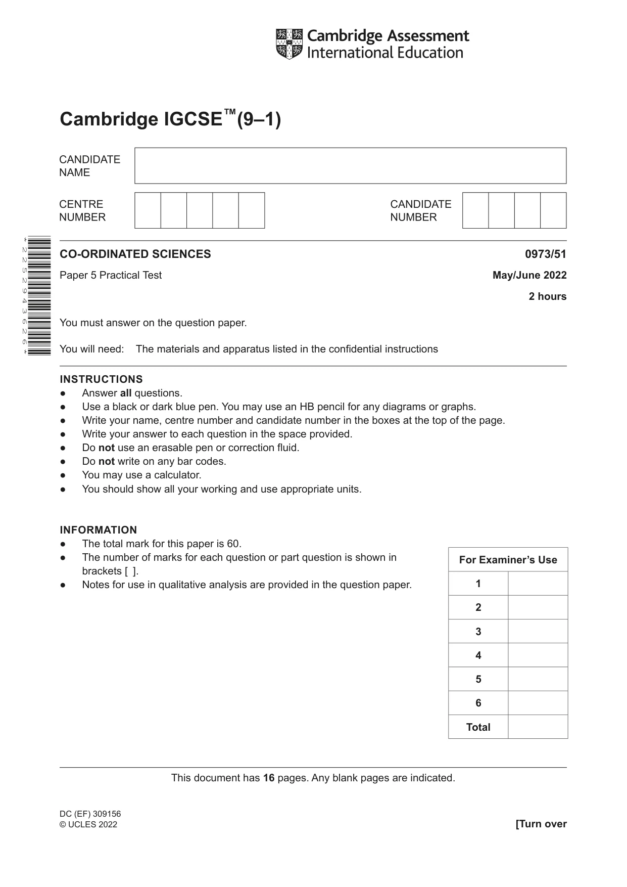 Cambridge IGCSE Sciences - Co-ordinated (9-1) 0973 2022 May/June Paper 5 · Variant 1 question paper, page 1 of 16