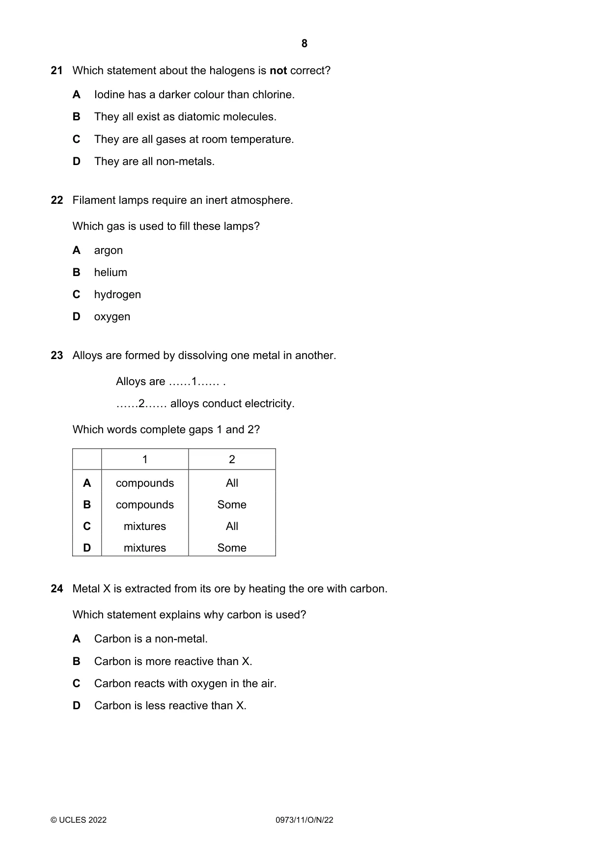 Cambridge IGCSE Sciences - Co-ordinated (9-1) 0973 2022 Oct/Nov Paper 1 · Variant 1 question paper, page 8 of 16