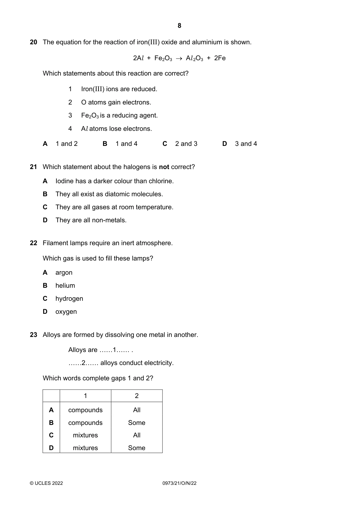 Cambridge IGCSE Sciences - Co-ordinated (9-1) 0973 2022 Oct/Nov Paper 2 · Variant 1 question paper, page 8 of 16