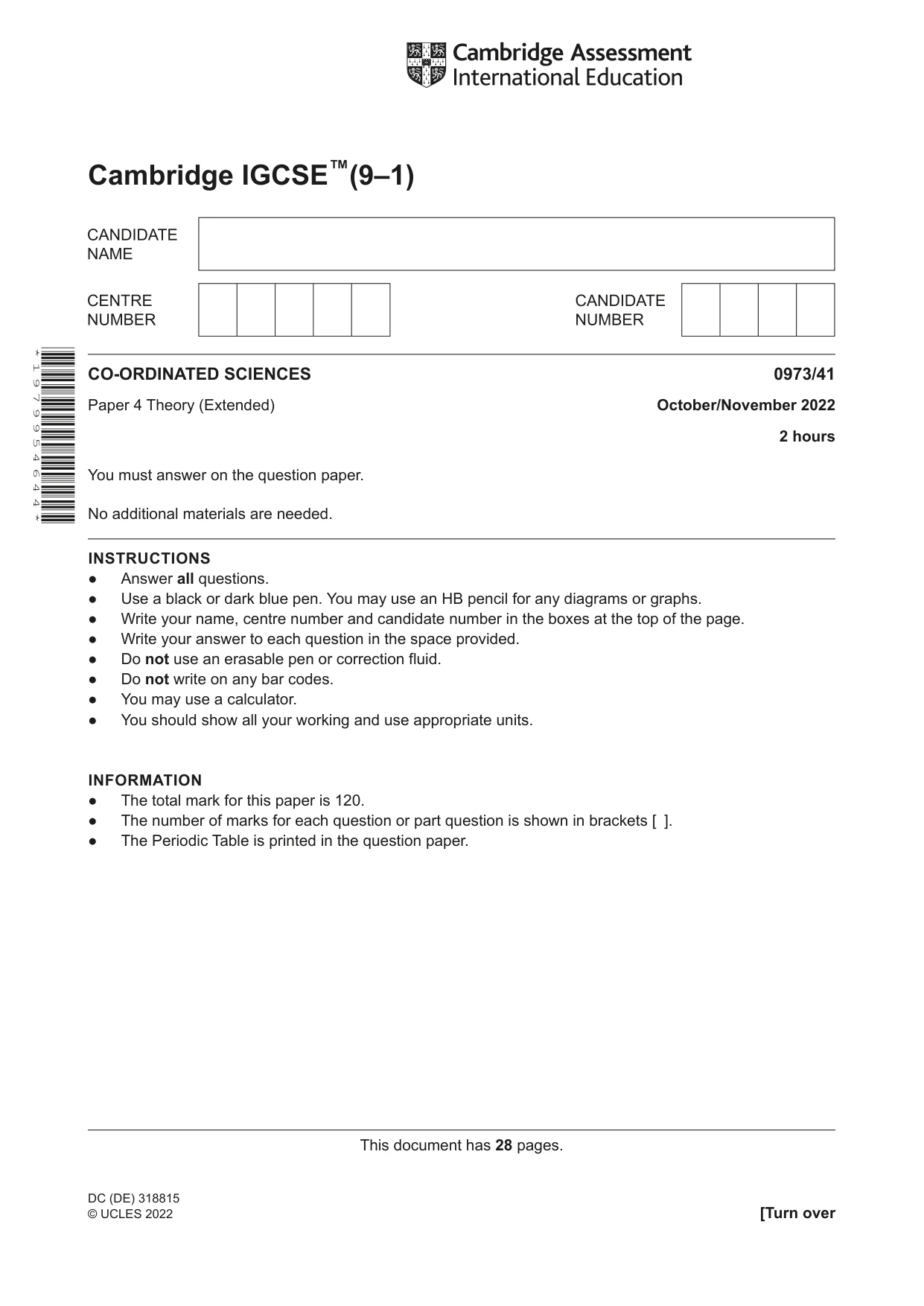 Cambridge IGCSE Sciences - Co-ordinated (9-1) 0973 2022 Oct/Nov Paper 4 · Variant 1 question paper, page 1 of 28