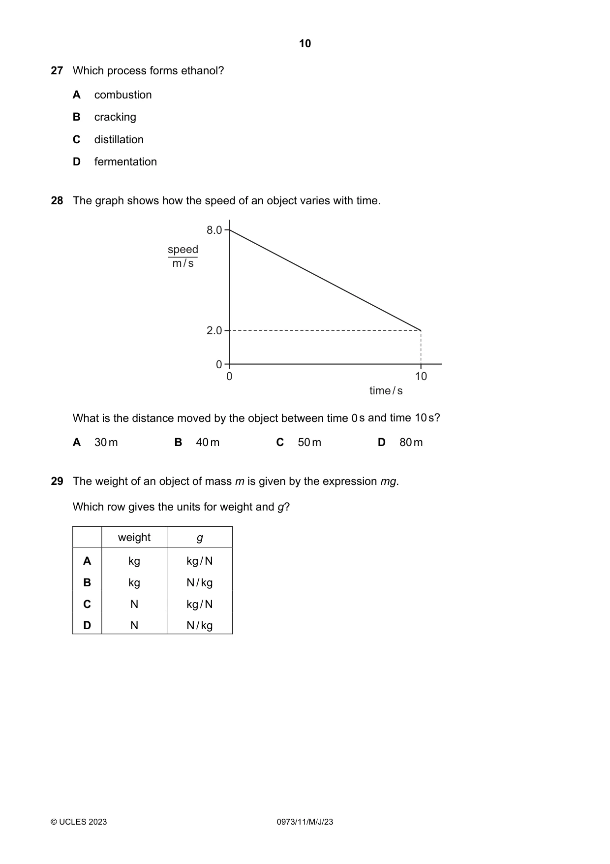 Cambridge IGCSE Sciences - Co-ordinated (9-1) 0973 2023 May/June Paper 1 · Variant 1 question paper, page 10 of 16