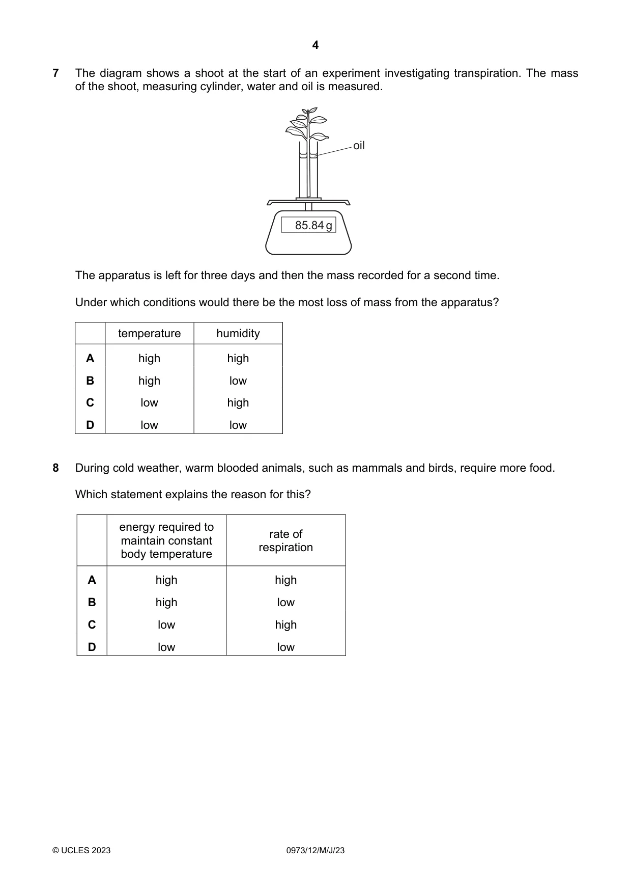 Cambridge IGCSE Sciences - Co-ordinated (9-1) 0973 2023 May/June Paper 1 · Variant 2 question paper, page 4 of 16