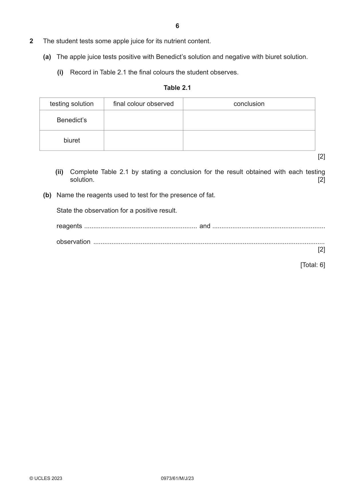 Cambridge IGCSE Sciences - Co-ordinated (9-1) 0973 2023 May/June Paper 6 · Variant 1 question paper, page 6 of 20