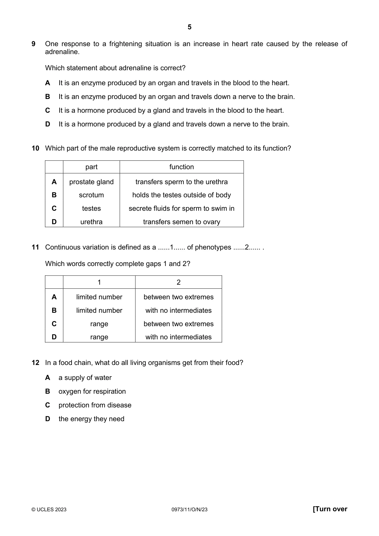 Cambridge IGCSE Sciences - Co-ordinated (9-1) 0973 2023 Oct/Nov Paper 1 · Variant 1 question paper, page 5 of 16