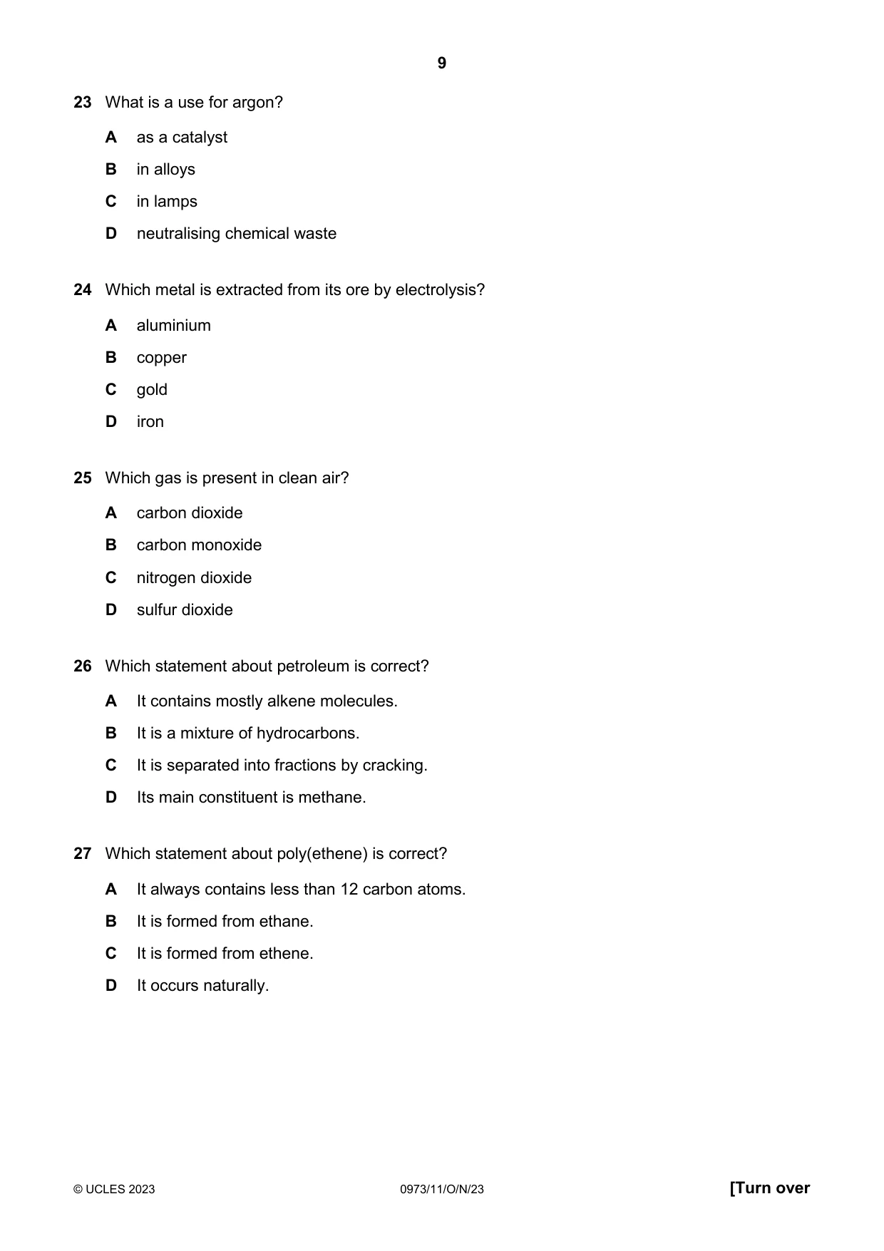 Cambridge IGCSE Sciences - Co-ordinated (9-1) 0973 2023 Oct/Nov Paper 1 · Variant 1 question paper, page 9 of 16