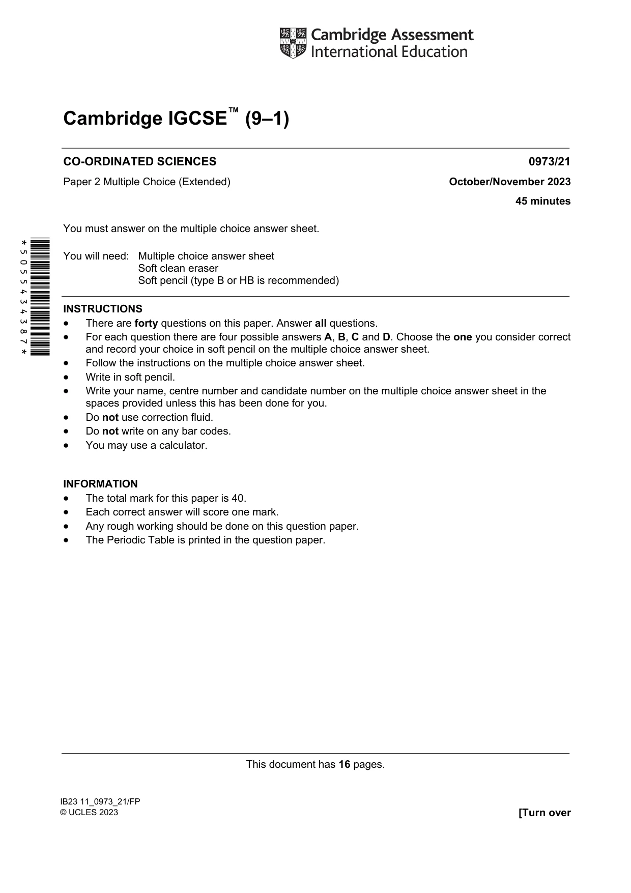 Cambridge IGCSE Sciences - Co-ordinated (9-1) 0973 2023 Oct/Nov Paper 2 · Variant 1 question paper, page 1 of 16