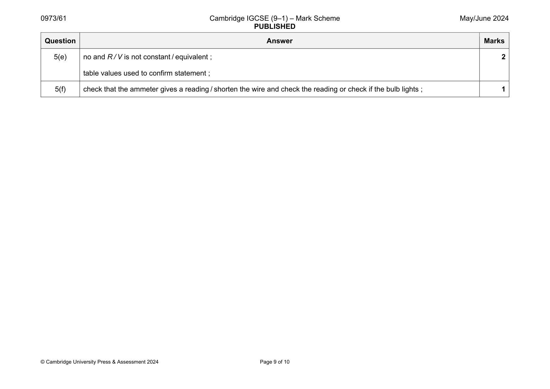 Mark scheme, page 9 of 10