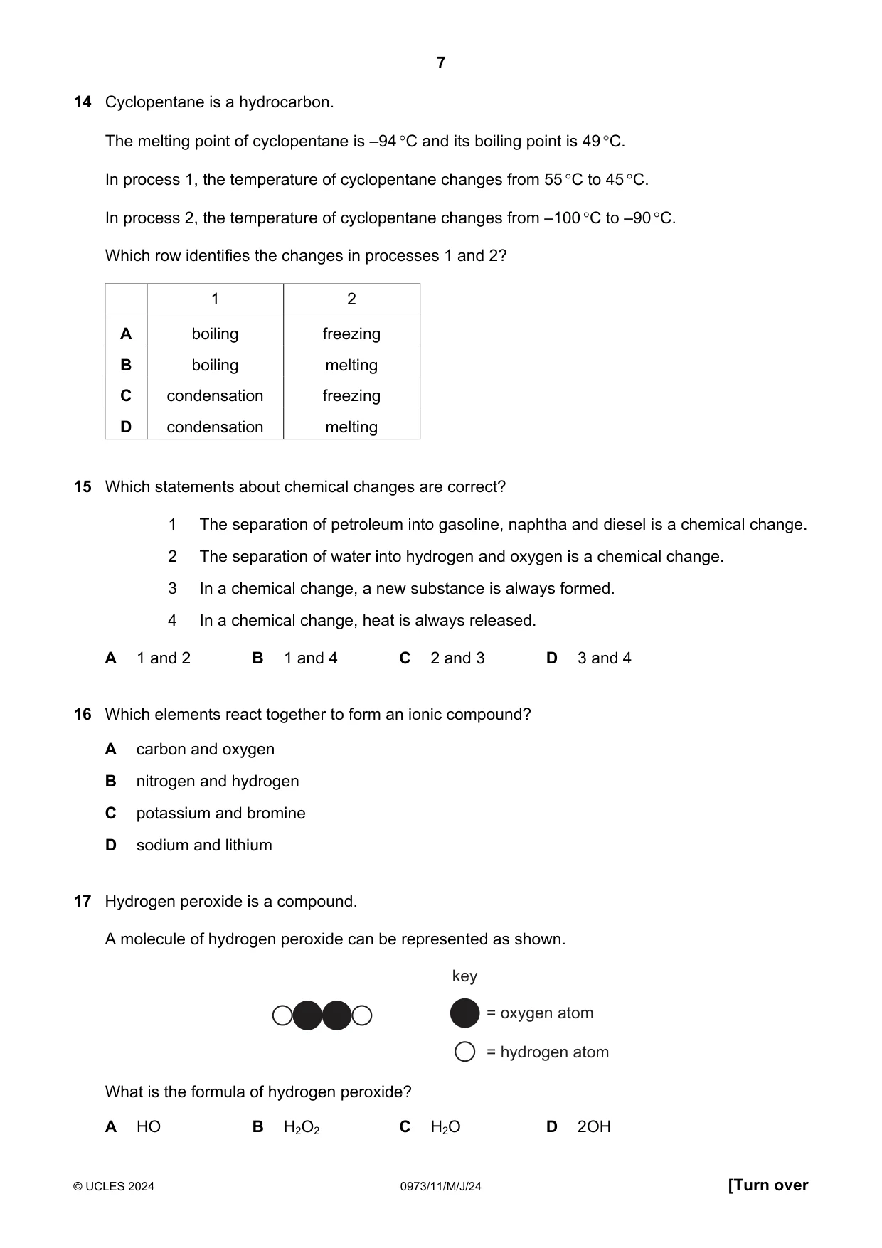 Cambridge IGCSE Sciences - Co-ordinated (9-1) 0973 2024 May/June Paper 1 · Variant 1 question paper, page 7 of 20