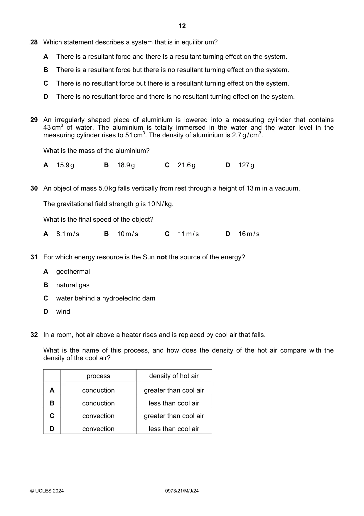 Cambridge IGCSE Sciences - Co-ordinated (9-1) 0973 2024 May/June Paper 2 · Variant 1 question paper, page 12 of 16
