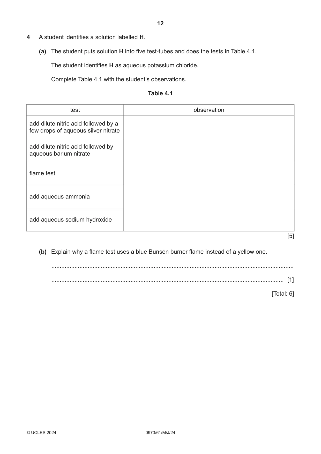 Cambridge IGCSE Sciences - Co-ordinated (9-1) 0973 2024 May/June Paper 6 · Variant 1 question paper, page 12 of 20