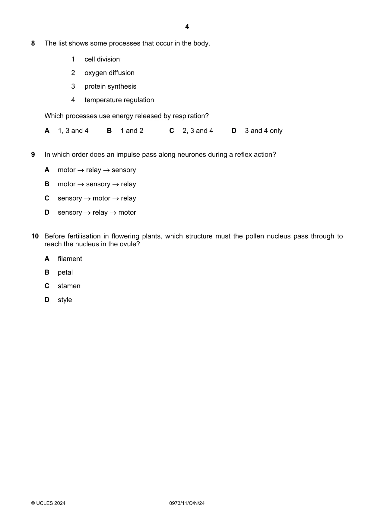 Cambridge IGCSE Sciences - Co-ordinated (9-1) 0973 2024 Oct/Nov Paper 1 · Variant 1 question paper, page 4 of 16