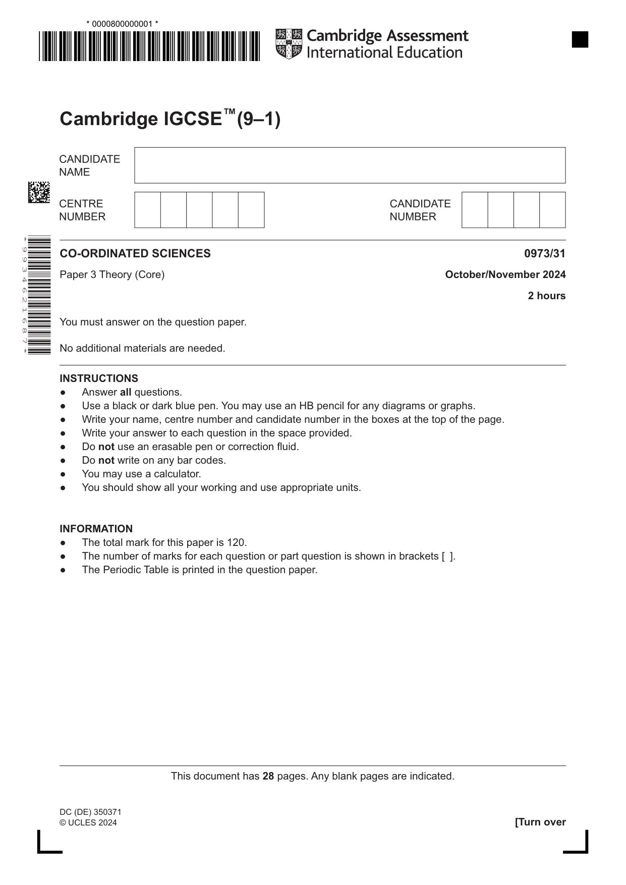 Cambridge IGCSE Sciences - Co-ordinated (9-1) 0973 2024 Oct/Nov Paper 3 · Variant 1 question paper, page 1 of 28