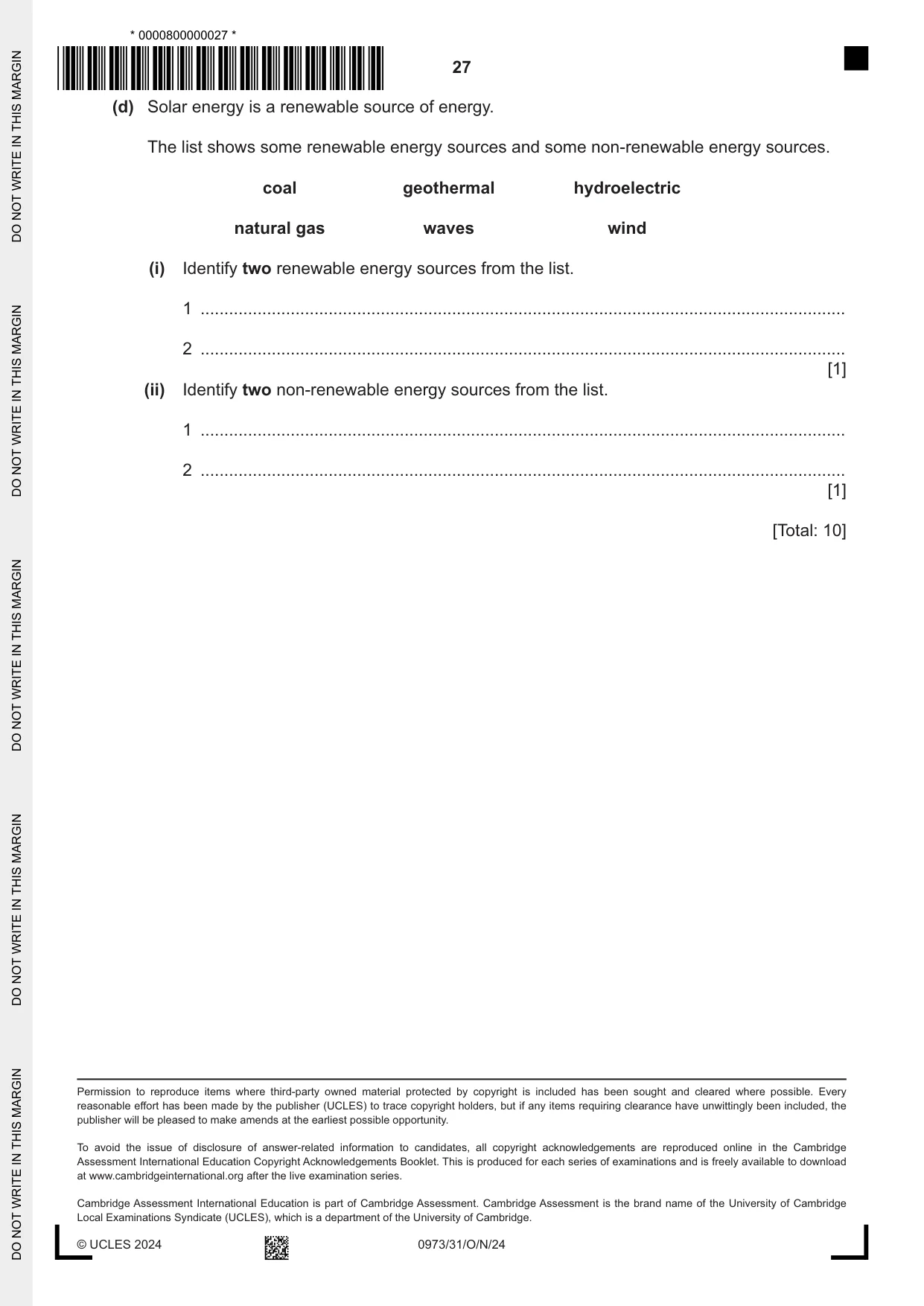 Cambridge IGCSE Sciences - Co-ordinated (9-1) 0973 2024 Oct/Nov Paper 3 · Variant 1 question paper, page 27 of 28