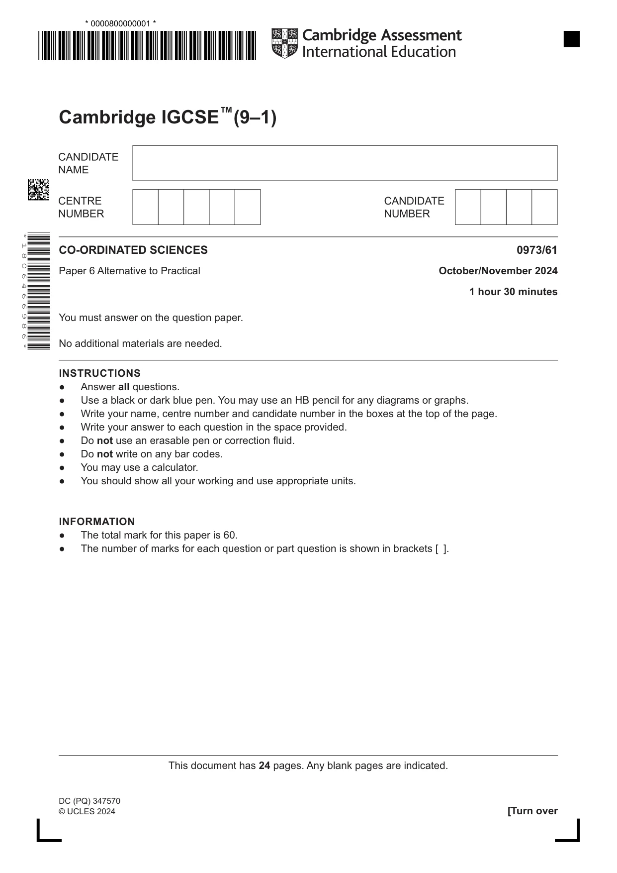 Cambridge IGCSE Sciences - Co-ordinated (9-1) 0973 2024 Oct/Nov Paper 6 · Variant 1 question paper, page 1 of 24