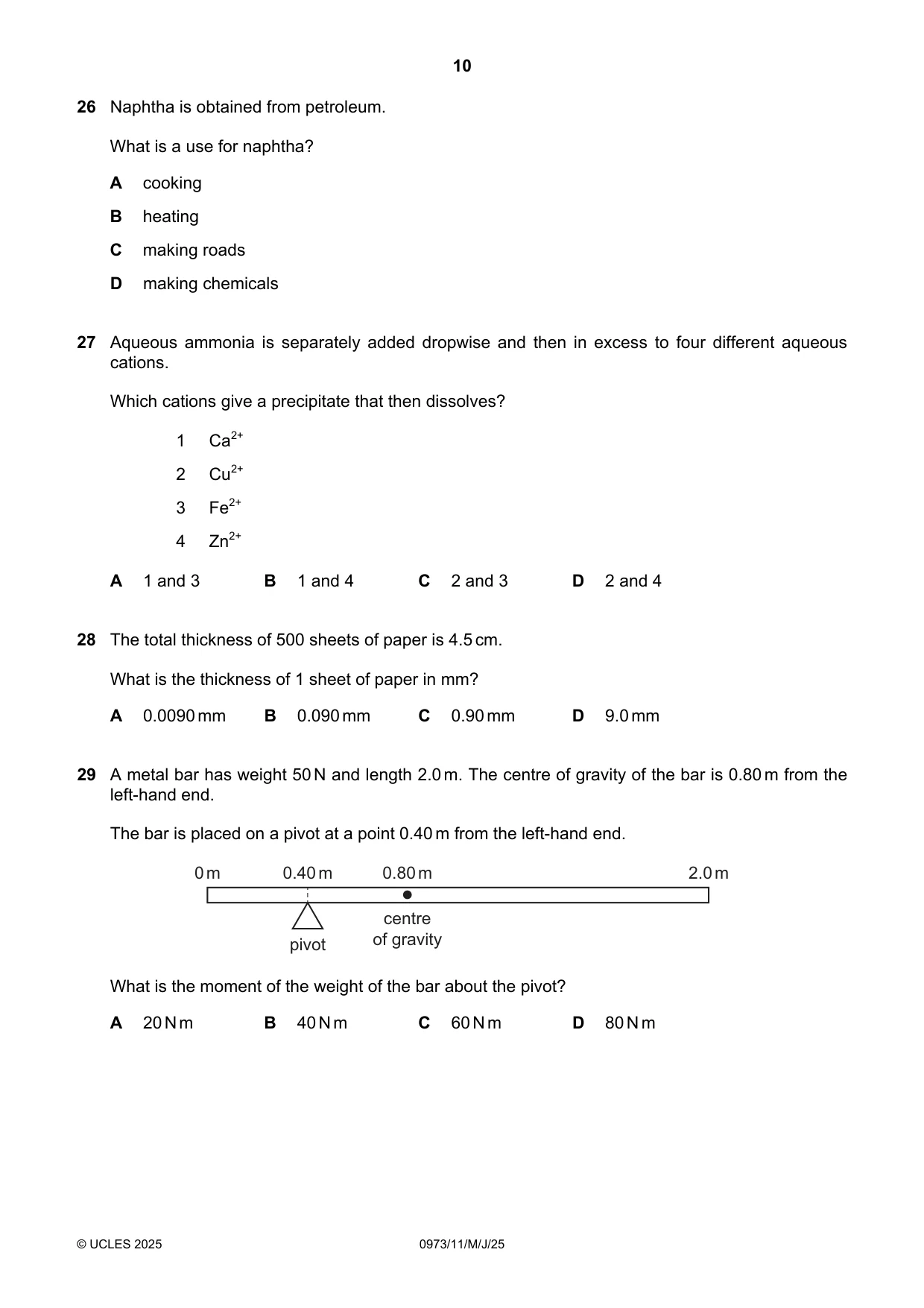 Cambridge IGCSE Sciences - Co-ordinated (9-1) 0973 2025 May/June Paper 1 · Variant 1 question paper, page 10 of 16