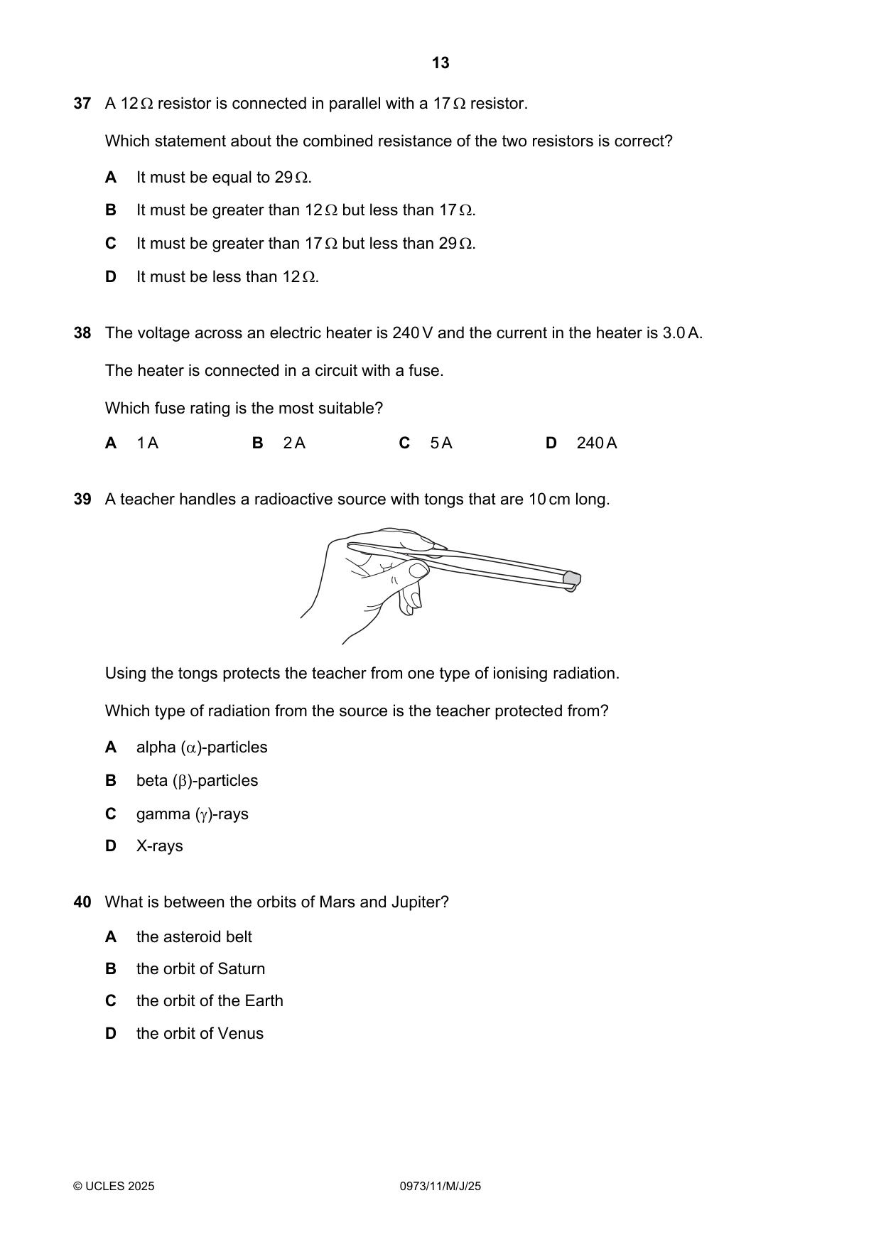 Cambridge IGCSE Sciences - Co-ordinated (9-1) 0973 2025 May/June Paper 1 · Variant 1 question paper, page 13 of 16