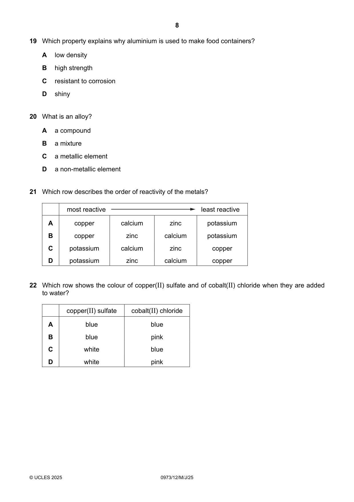 Cambridge IGCSE Sciences - Co-ordinated (9-1) 0973 2025 May/June Paper 1 · Variant 2 question paper, page 8 of 16