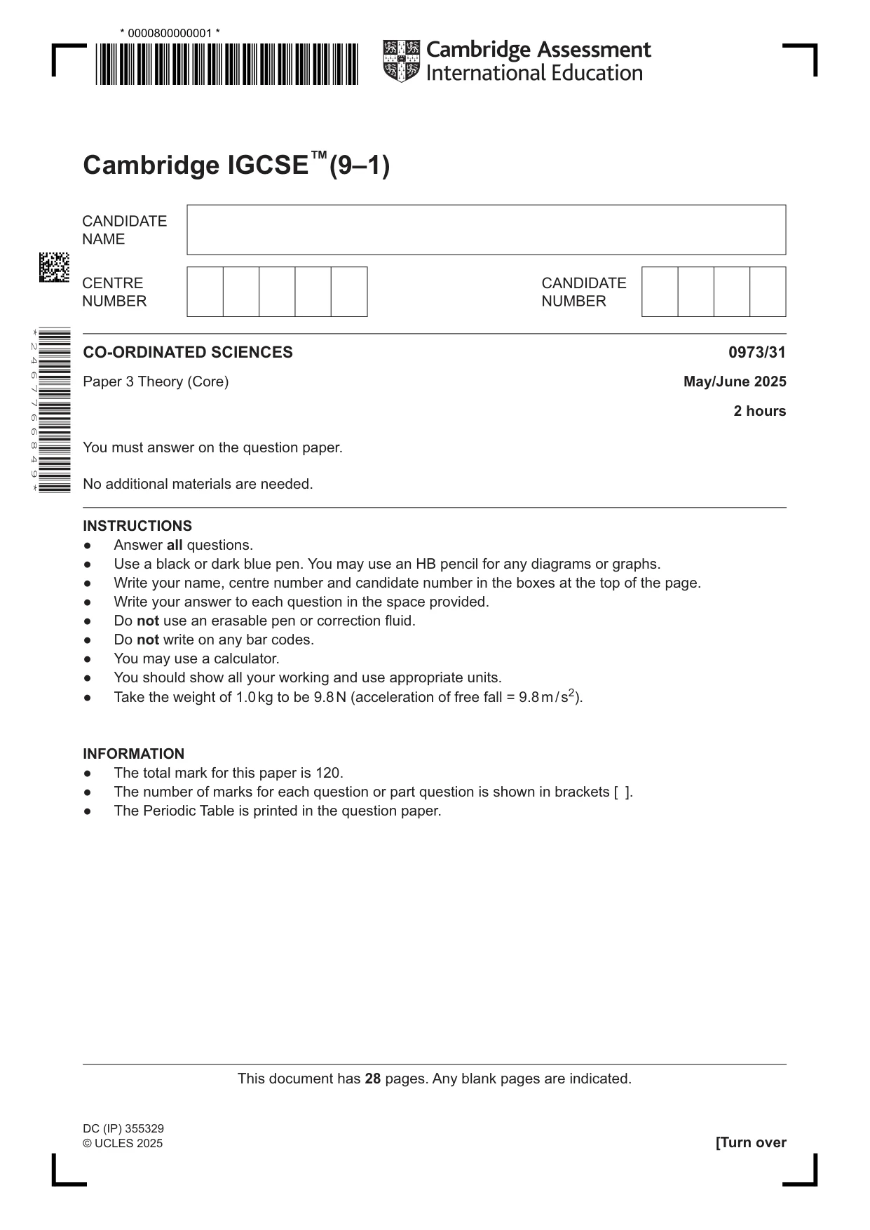 Cambridge IGCSE Sciences - Co-ordinated (9-1) 0973 2025 May/June Paper 3 · Variant 1 question paper, page 1 of 28