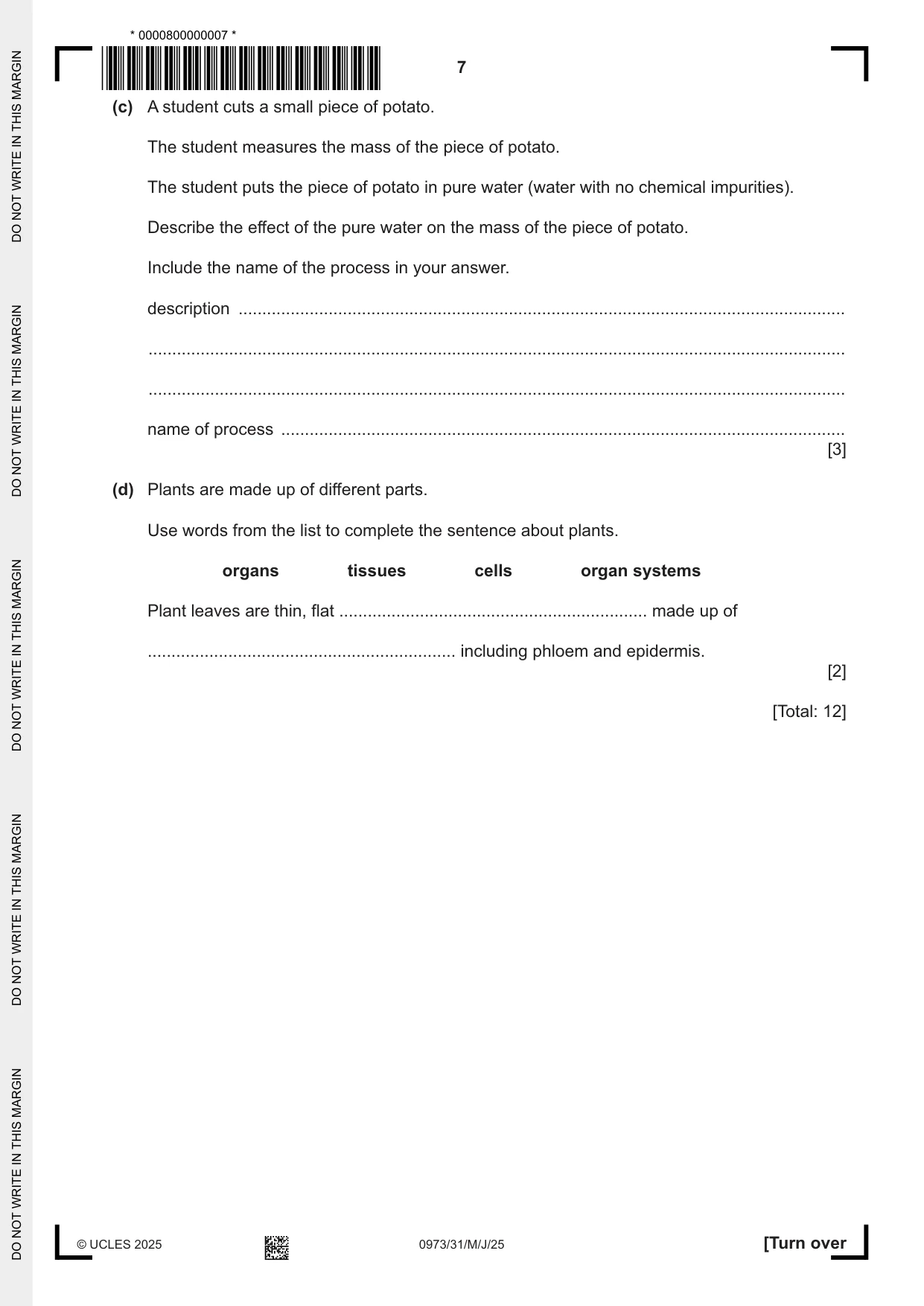 Cambridge IGCSE Sciences - Co-ordinated (9-1) 0973 2025 May/June Paper 3 · Variant 1 question paper, page 7 of 28
