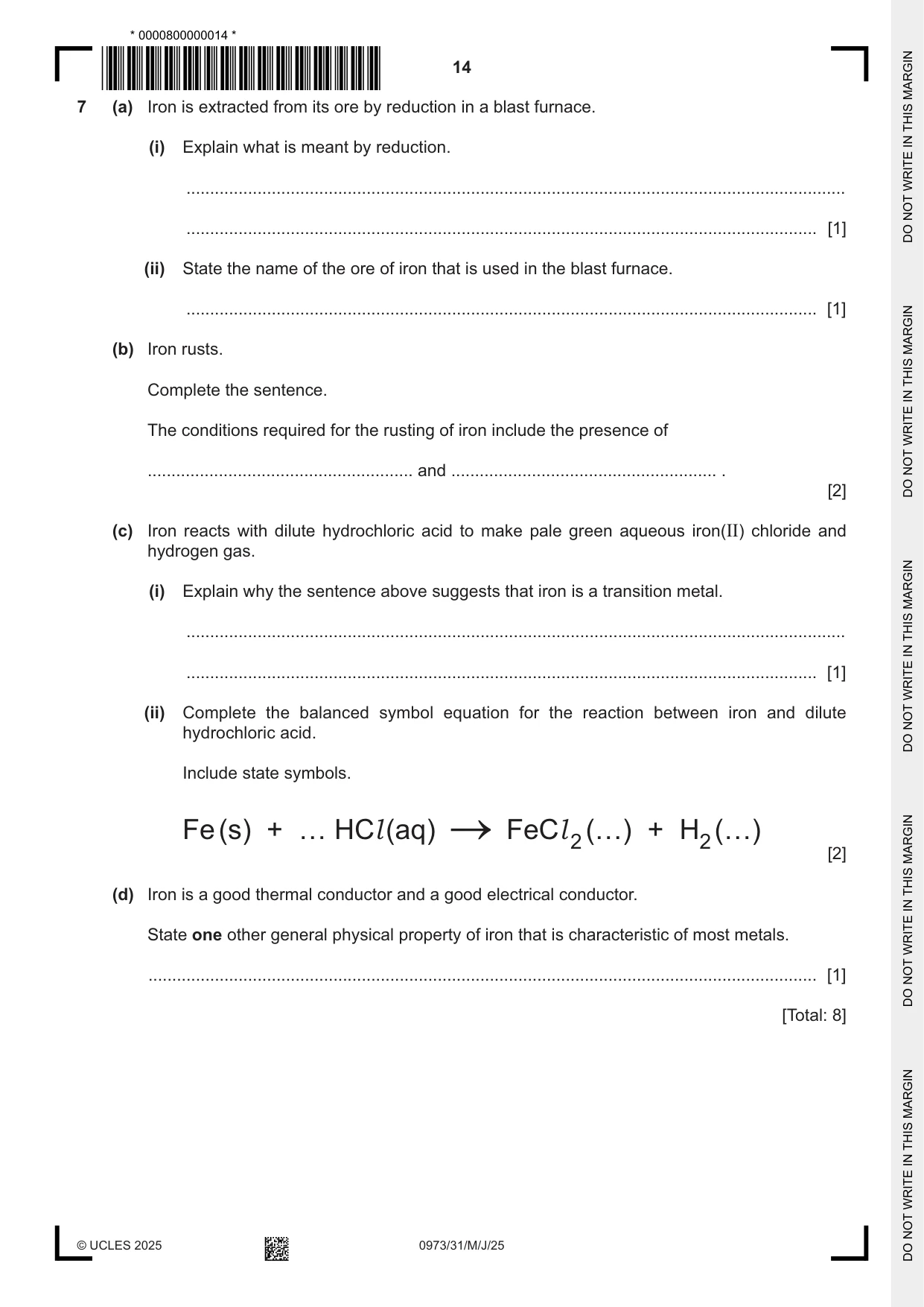 Cambridge IGCSE Sciences - Co-ordinated (9-1) 0973 2025 May/June Paper 3 · Variant 1 question paper, page 14 of 28