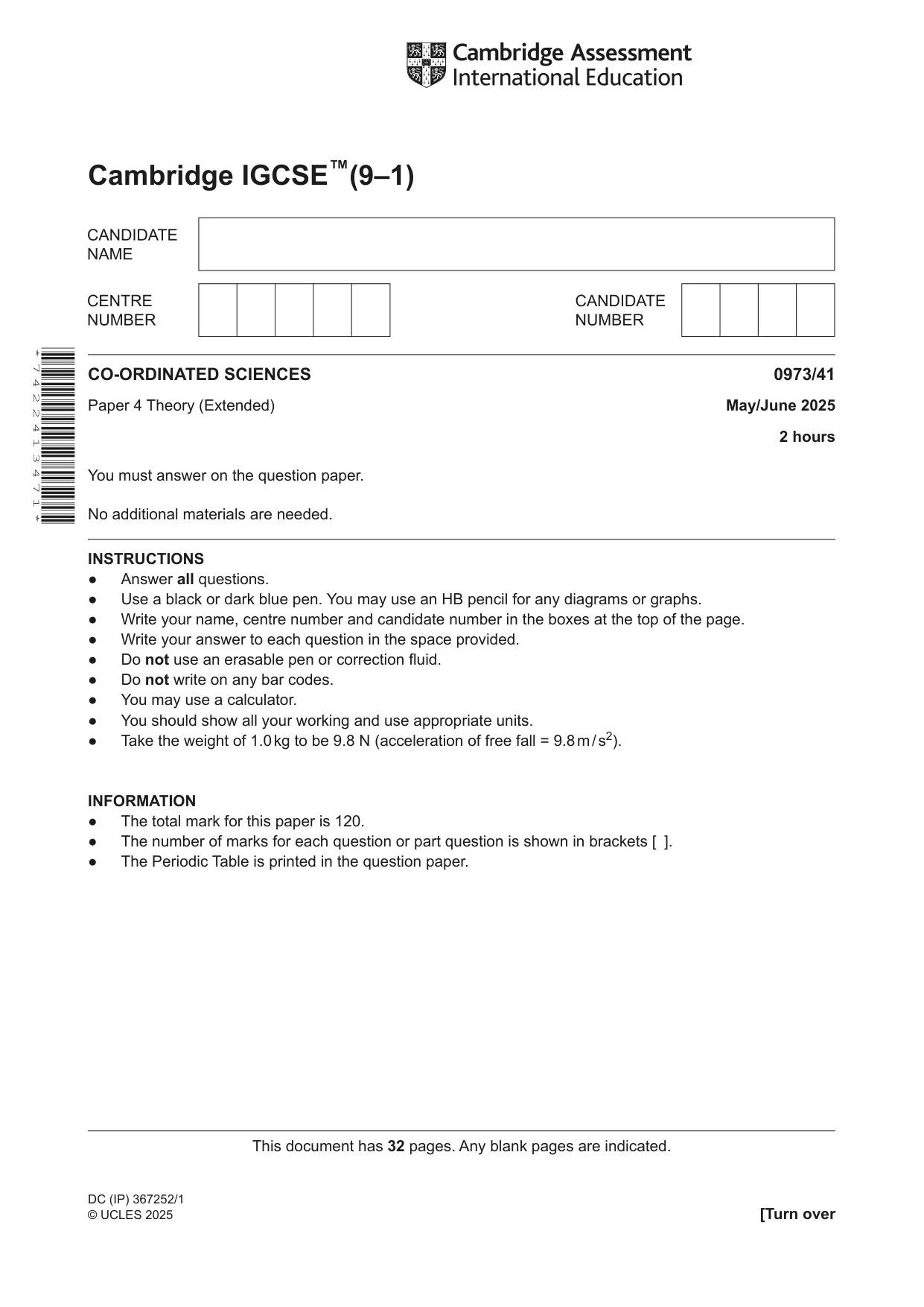 Cambridge IGCSE Sciences - Co-ordinated (9-1) 0973 2025 May/June Paper 4 · Variant 1 question paper, page 1 of 32
